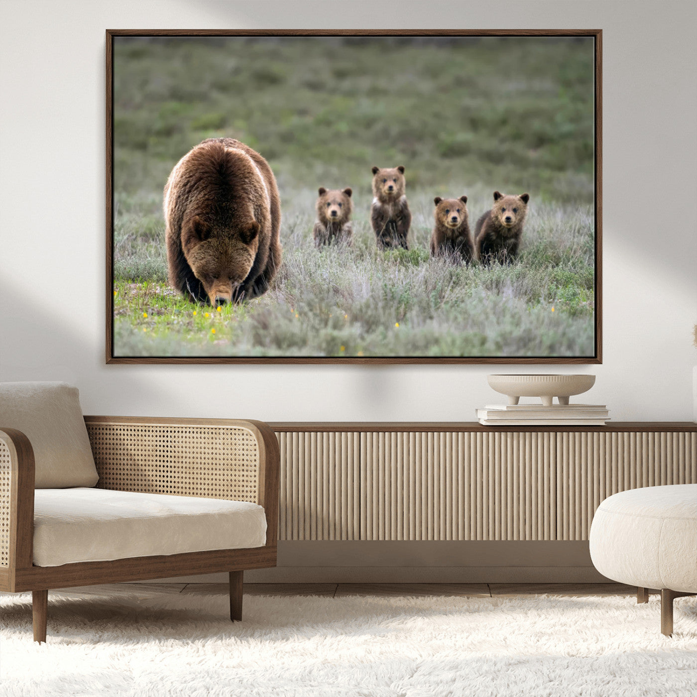 65087B-MGV-CV-36X24-Bear Family Wall Art – Wildlife Canvas Print Featuring Mother Bear with Cubs in Nature, Rustic Animal Artwork for Living Room,