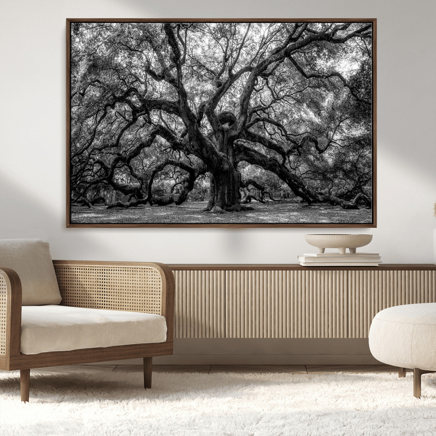 132944706-MGV-CV-36X24-Ancient Tree Wall Art – Black and White Photography Canvas Print Featuring Majestic Twisting Branches, Rustic Nature Artwork for