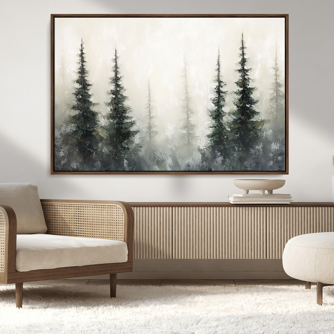 33241-MGV-FC-36X24_Walnut-Misty Forest Wall Art Canvas Print, Framed Foggy Pines Art Picture Print, Forest Haze Perfect Rustic Minimalist Decor Artwork
