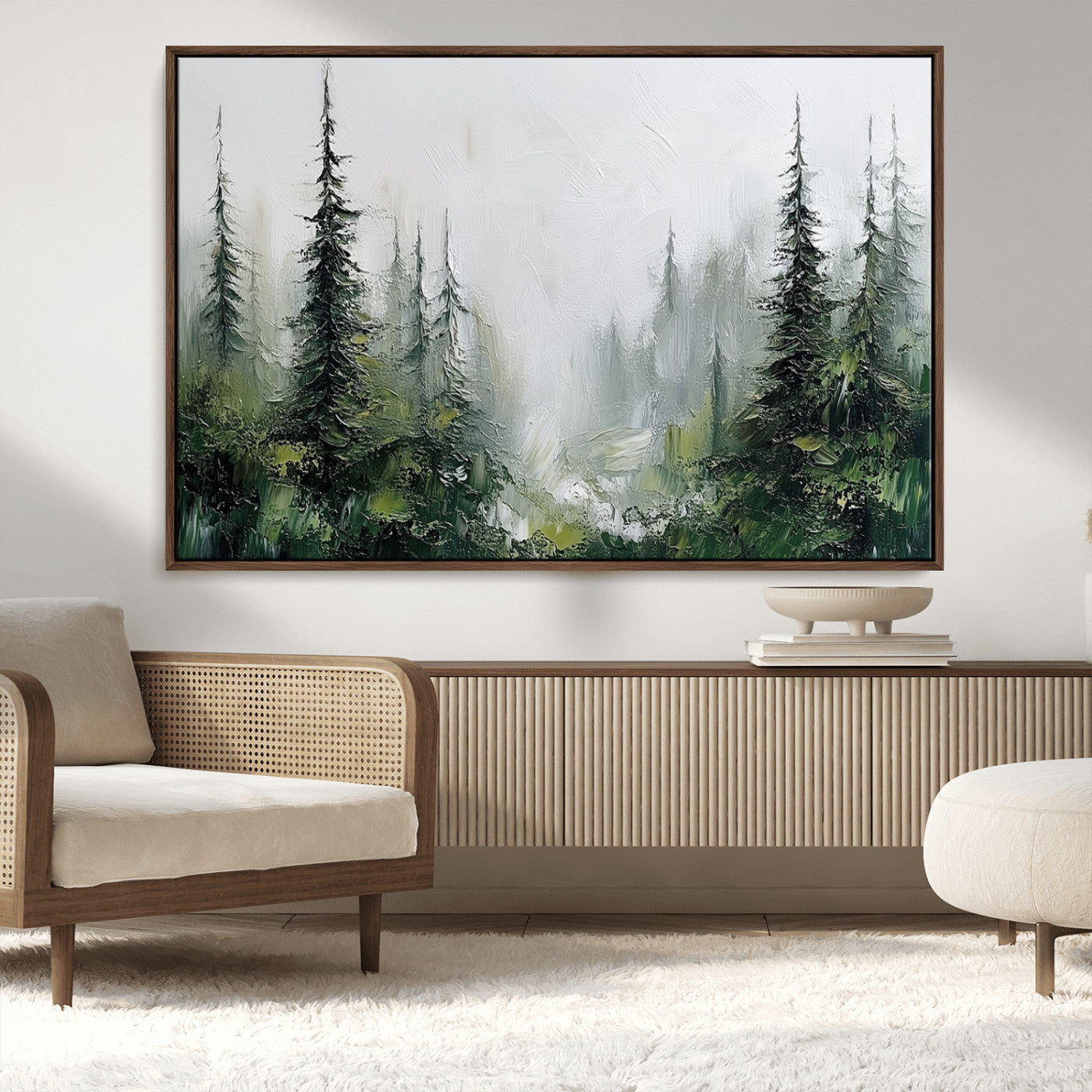 76014-MGV-CV-36X24-Forest Wall Art – Textured Canvas Print Featuring Misty Evergreen Pines and Woodland Landscape, Rustic Nature Artwork for Living