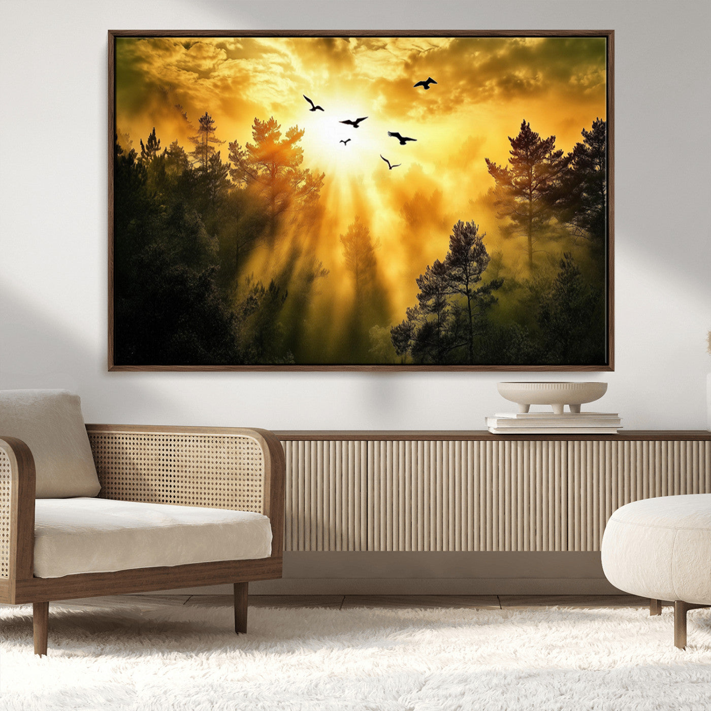 13776802-MGV-CV-36X24-Golden Forest Wall Art Canvas Print, Framed Sunset Pines Art Picture Print, Flying Birds Perfect Nature Glow Decor Artwork