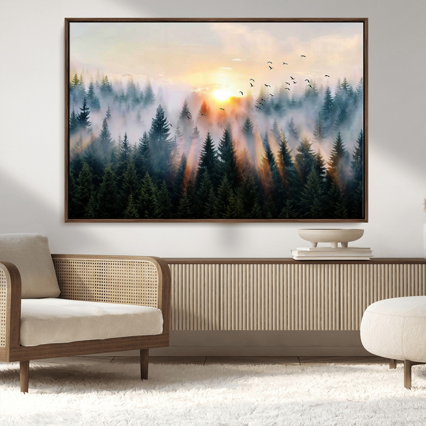 56391411-MGV-CV-36X24-Misty Forest Wall Art Canvas Print, Framed Sunrise Pines Art Picture Print, Moody Pines Perfect Serene Woodland Decor Artwork