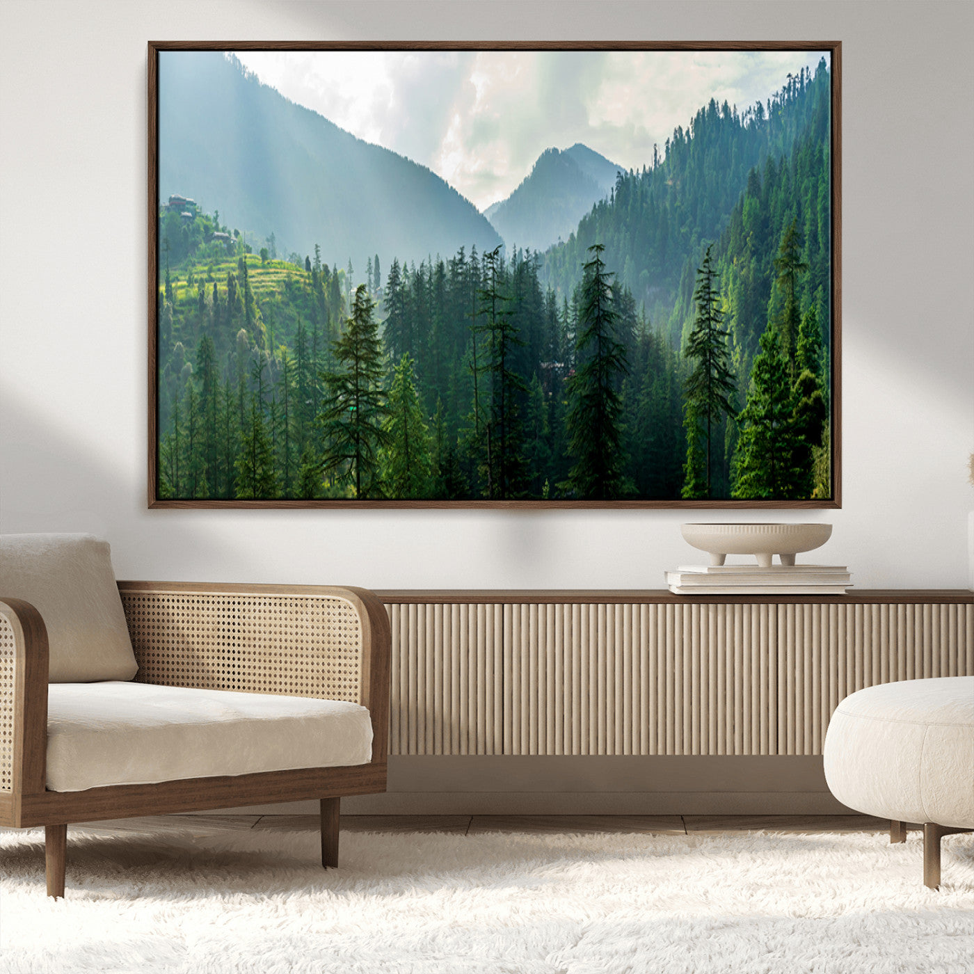 83417191-MGV-CV-36X24-Misty Mountain Forest Wall Art – Pine Tree Landscape Canvas Print, Nature Photography Panorama, Tranquil Green Forest Décor for