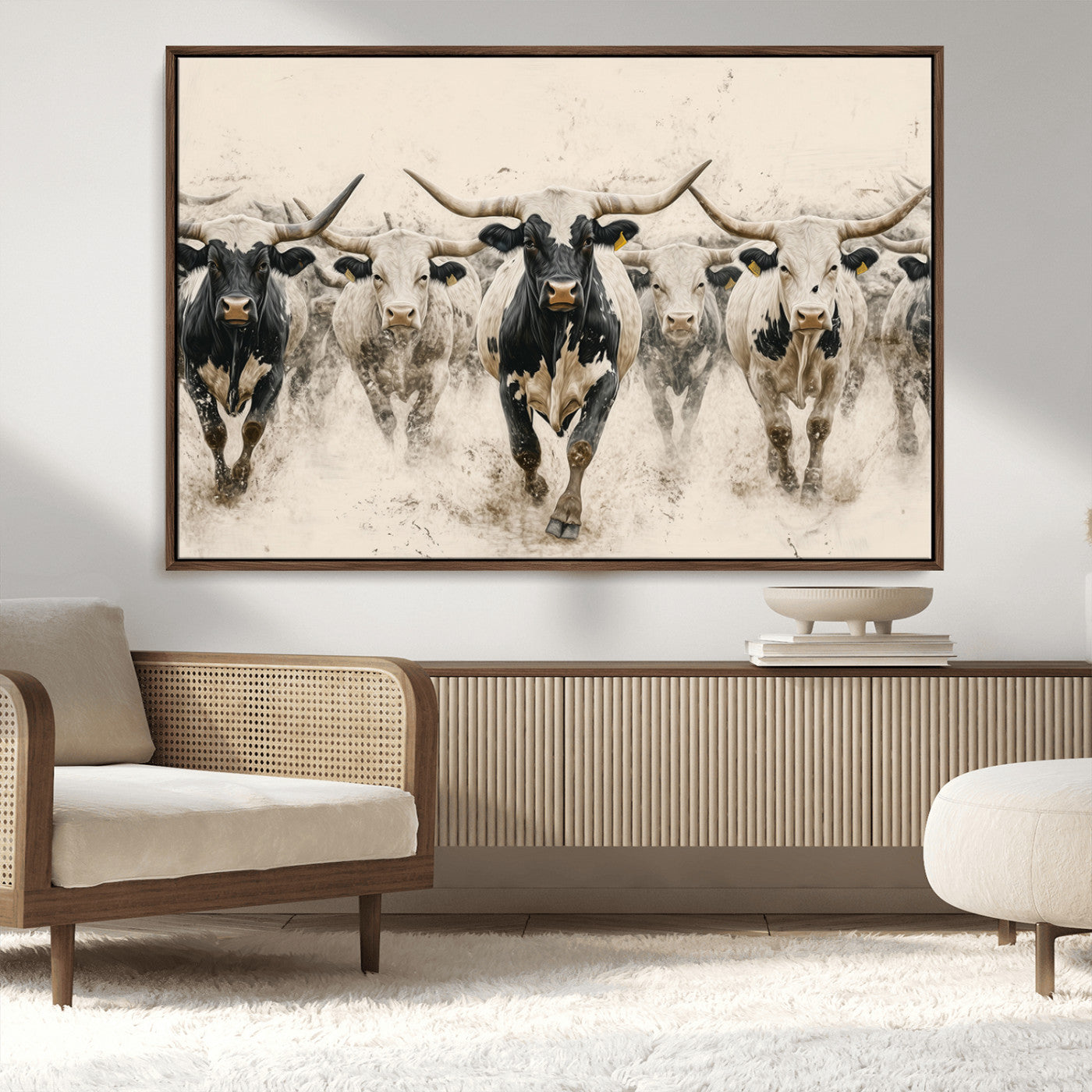 61538944-MGV-CV-36X24-Texas Longhorn Wall Art Canvas Print, Framed Cattles Walking Art Picture Print, Black White Bulls Perfect Rustic Western Decor