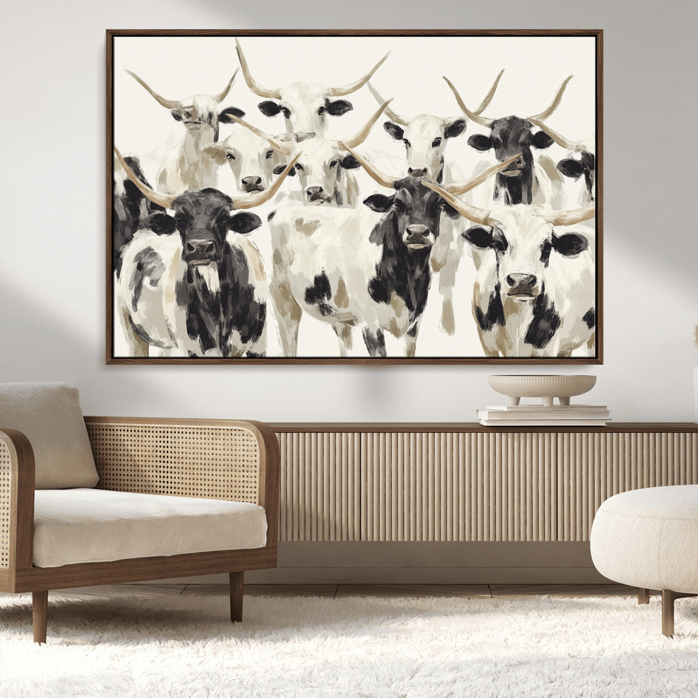 52947970-MGV-CV-36X24-Texas Longhorn Wall Art Canvas Print, Framed Cattle Herd Art Picture Print, Herd Portrait Perfect Modern Farmhouse Decor Artwork