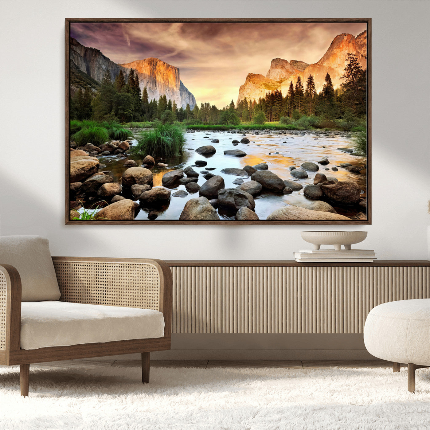 90956031-MGV-FC-36X24_Walnut-Yosemite Valley Wall Art – Scenic Mountain River Landscape Canvas Print, Nature Photography for Living Room, Bedroom, Cabin,