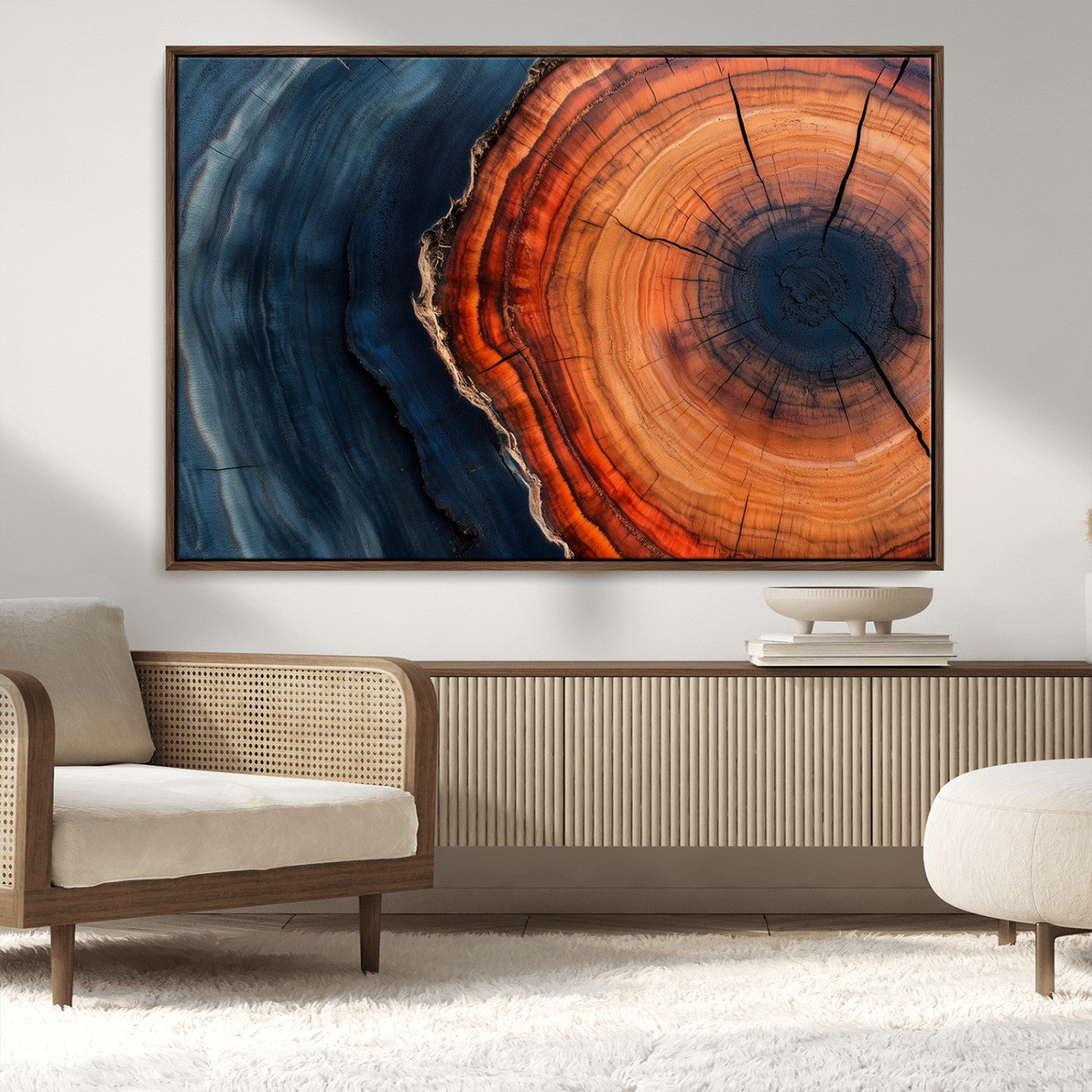 57732250-MGV-CV-36X24-Tree Ring Abstract Wall Art – Blue Orange Wood Grain Canvas Print, Modern Rustic Nature Artwork for Living Room, Office,