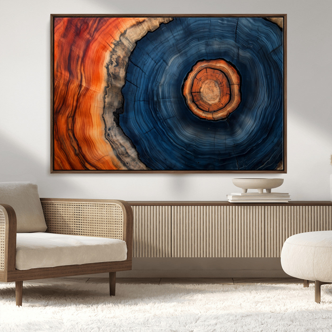 72209152-MGV-CV-36X24-Abstract Tree Ring Wall Art – Vibrant Blue Orange Wood Grain Canvas Print, Rustic Modern Nature Artwork for Living Room, Office,