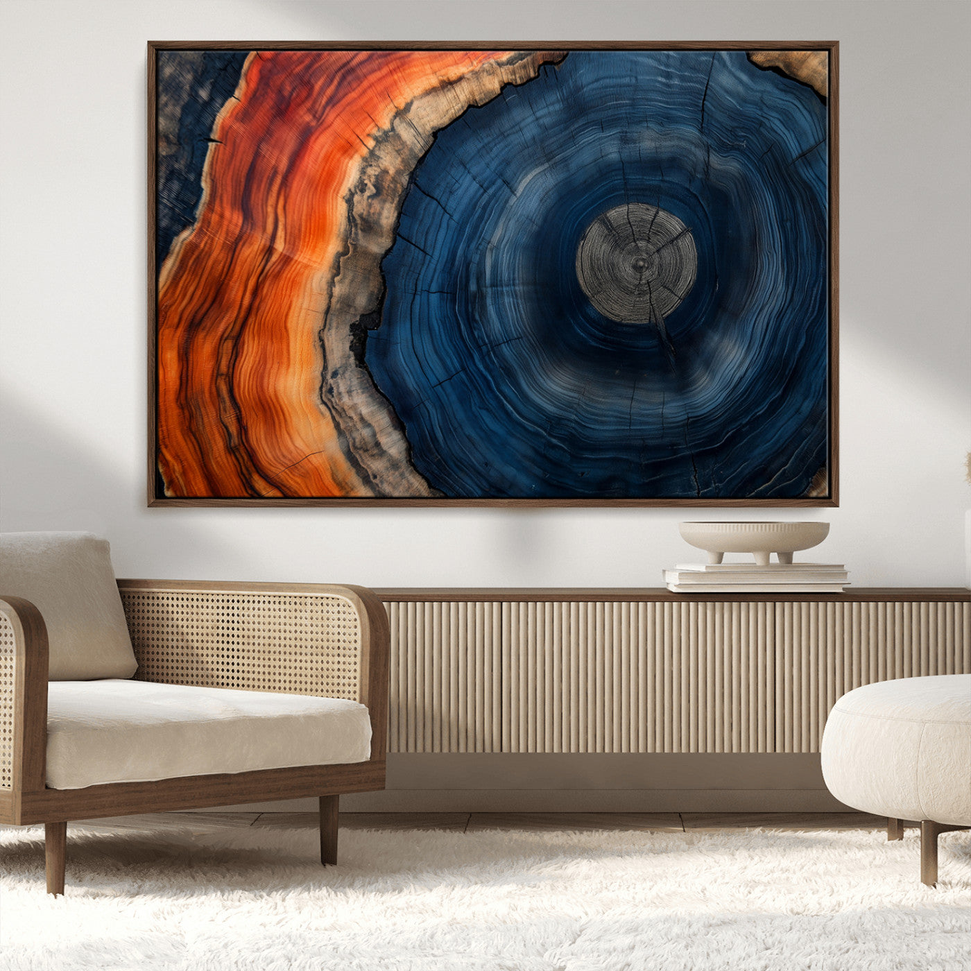 99491700-MGV-CV-36X24-Tree Ring Canvas Wall Art – Blue Orange Abstract Wood Grain Print, Rustic Modern Nature Artwork for Living Room, Office, Bedroom