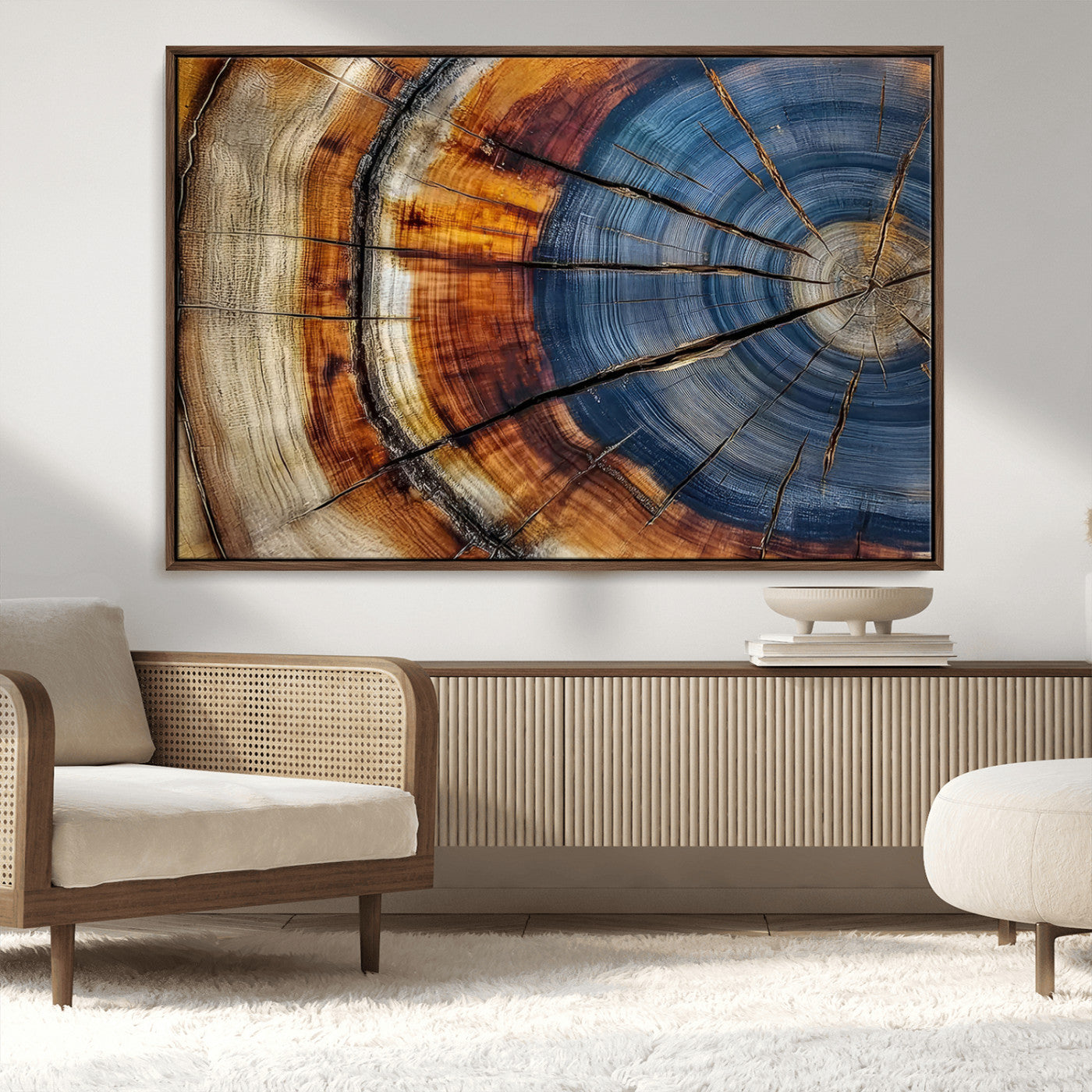18032999-MGV-CV-36X24-Tree Ring Wall Art – Blue Brown Abstract Wood Slice Canvas Print, Rustic Modern Nature Decor for Living Room, Office, Bedroom or