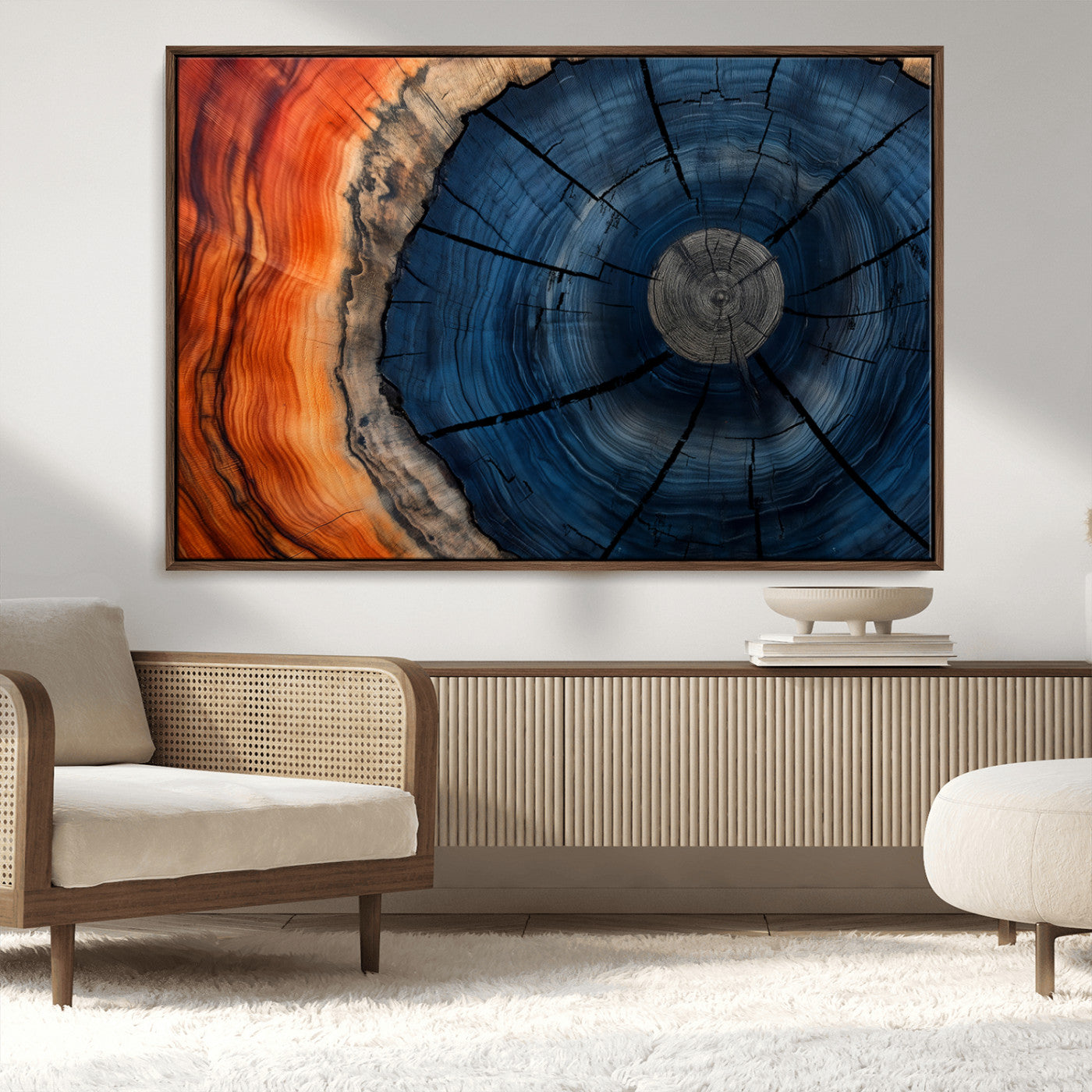 26110607-MGV-FC-36X24_Walnut-Blue and Orange Tree Ring Wall Art – Abstract Wood Cross Section Canvas Print, Modern Rustic Nature Decor for Living Room, Office,