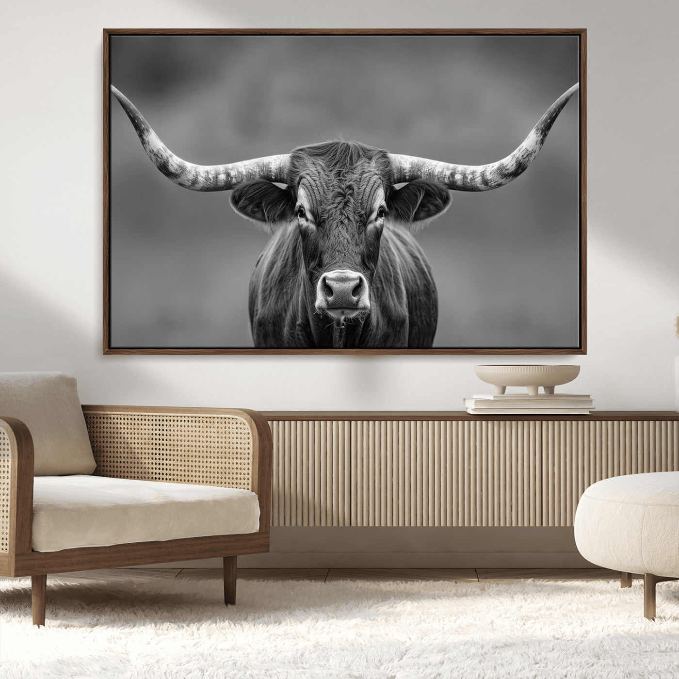 81228550-MGV-CV-36X24-Framed Texas Longhorn Bull Art Canvas Print, Western Bull Wall Art Print, Long Horn Bull Photo Print for Log Cabin, Large Bull
