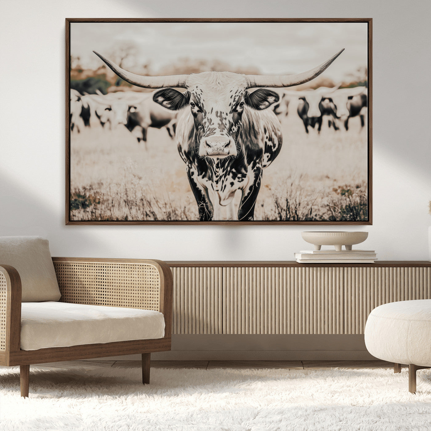 27497342-MGV-CV-36X24-Texas Longhorn Wall Art Canvas Print, Framed Speckled Cow Art Picture Print, Horned Cattle Perfect Rustic Western Decor Artwork