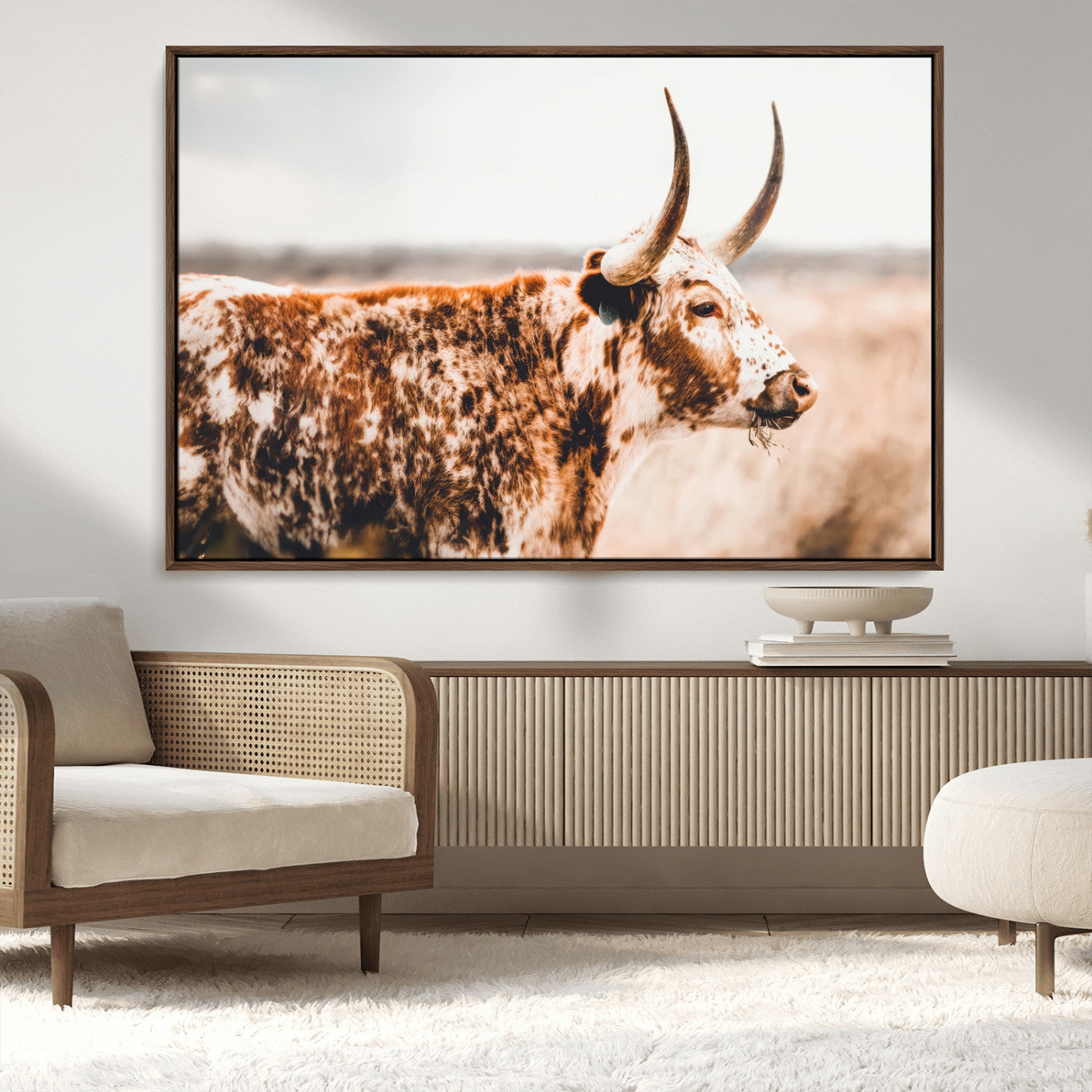 11528295-MGV-CV-36X24-Speckled Longhorn Wall Art Canvas Print, Framed Texas Cattle Art Picture Print, Horned Cow Perfect Rustic Western Decor Artwork