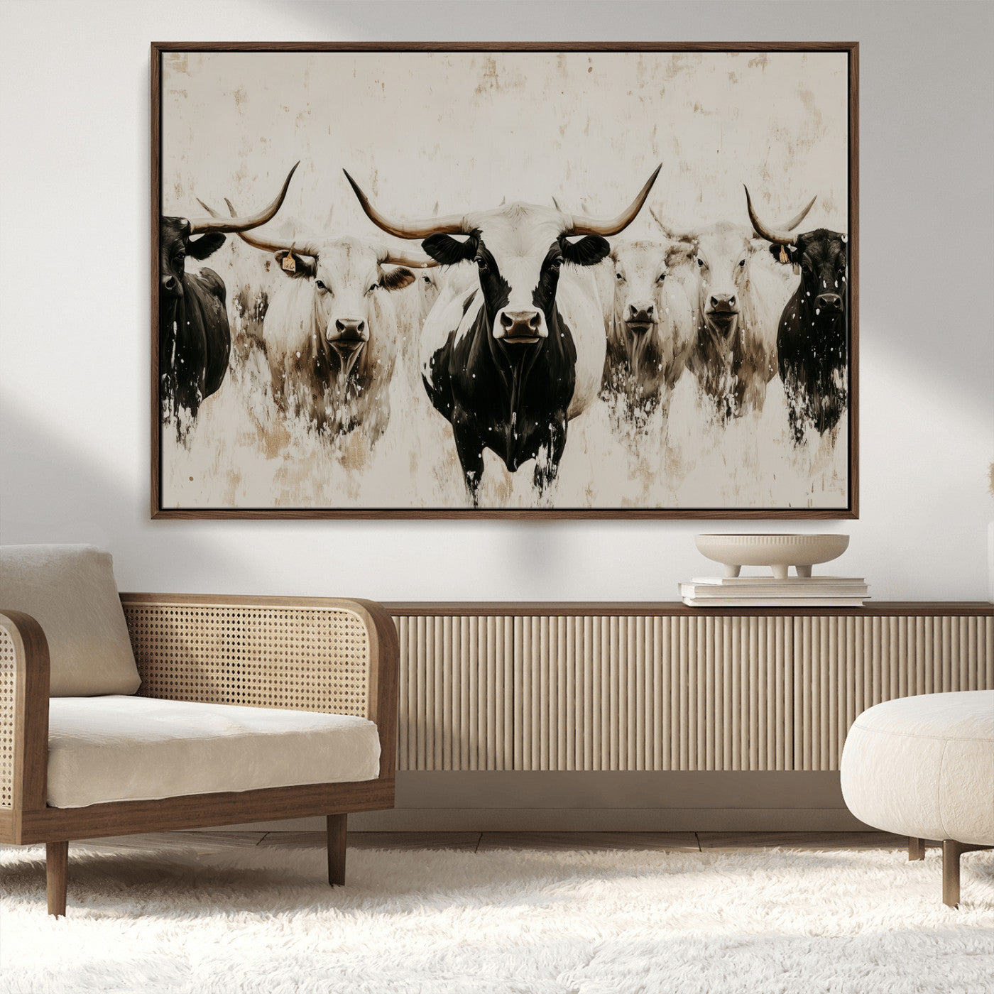 12027562-MGV-CV-36X24-Longhorn Cattle Wall Art Canvas Print, Framed Bison Herd Art Picture Print, Cattle Group Perfect Rustic Farmhouse Decor Artwork