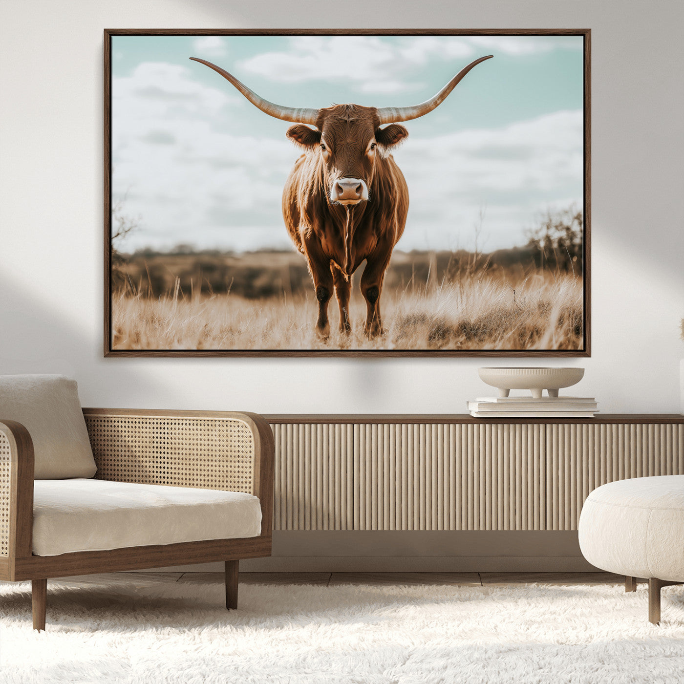39350715-MGV-CV-36X24-Texas Longhorn Wall Art Canvas Print, Framed Longhorn Cow Art Picture Print, Western Cattle Perfect Rustic Western Decor Artwork