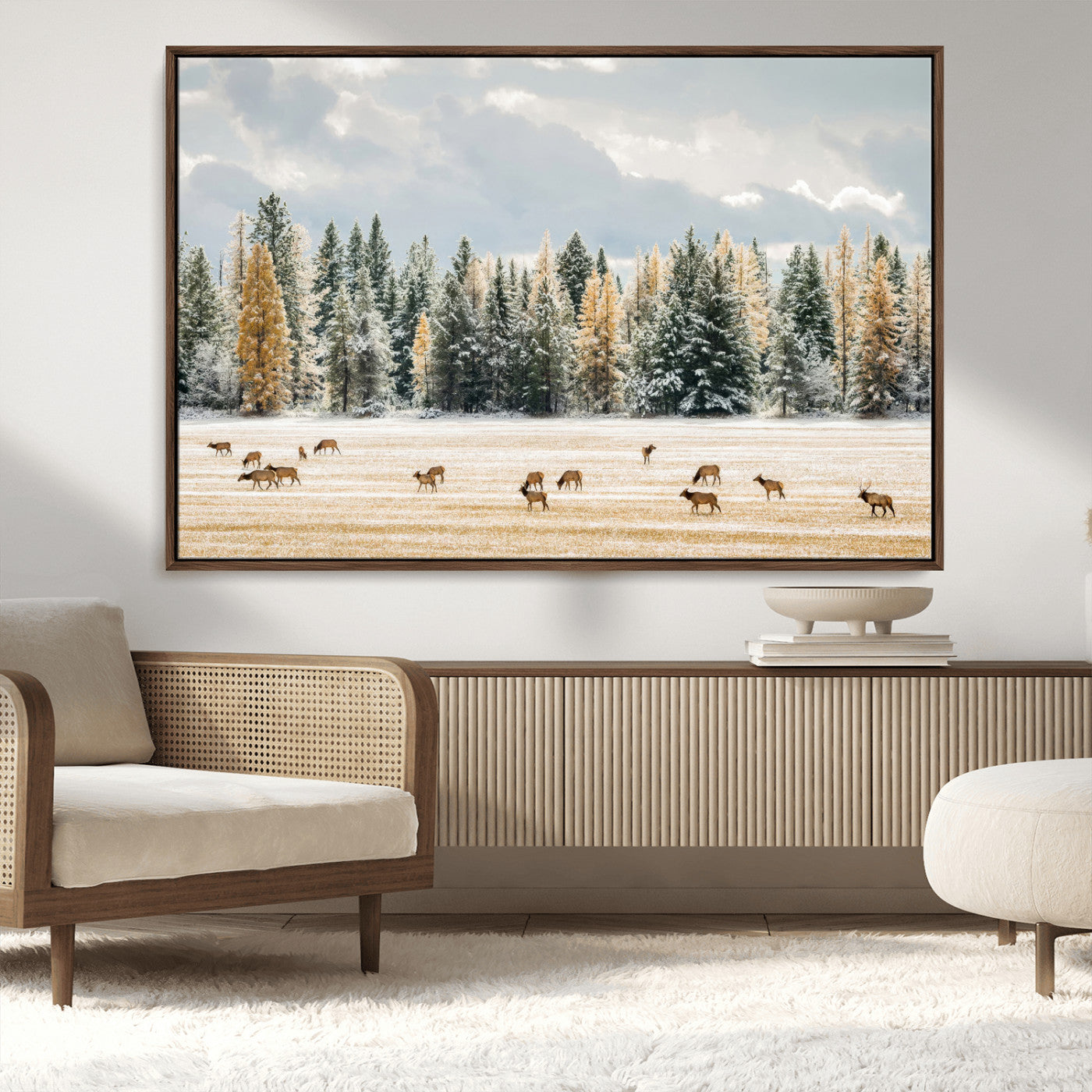64188182-MGV-FC-36X24_Walnut-Elk Herd Wall Art Canvas Print, Framed Snowy Forest Art Picture Print, Forest Elks Perfect Neutral Rustic Decor Artwork
