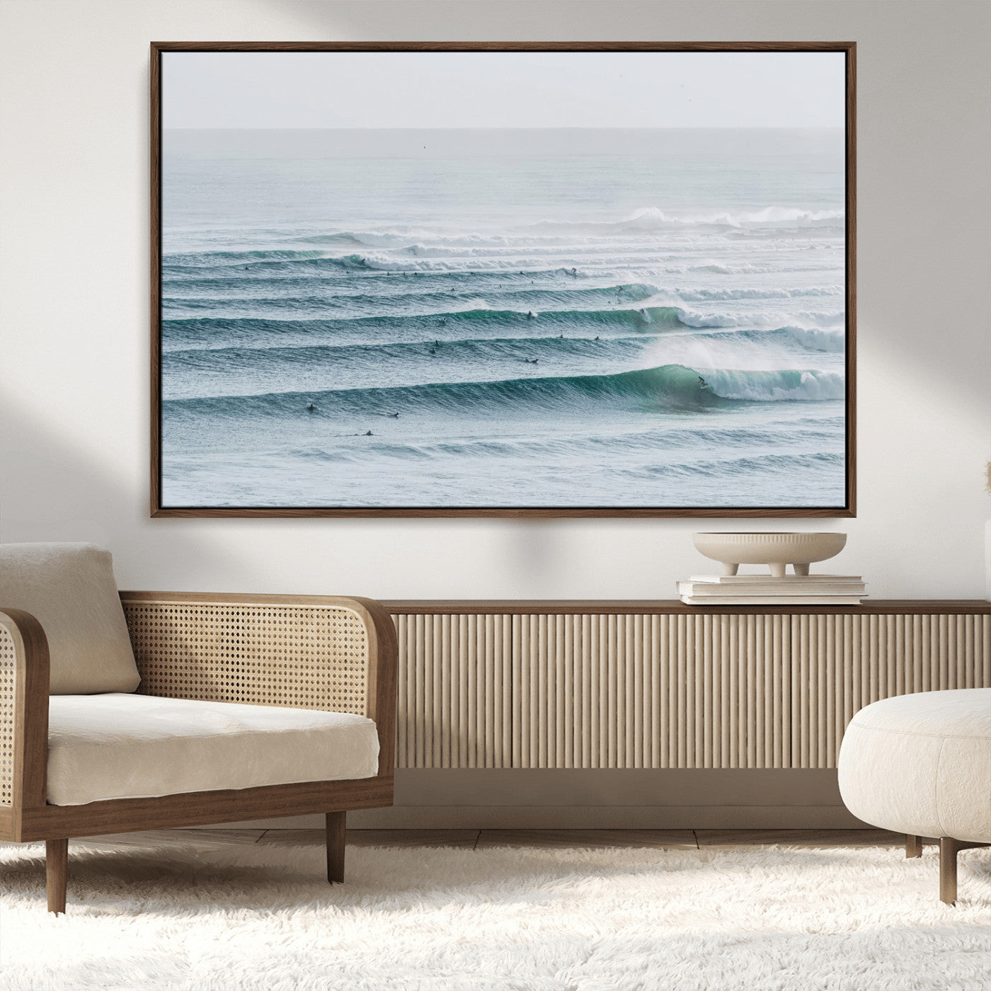 73969318-MGV-CV-36X24-Ocean Waves Wall Art Canvas Print, Framed Surfer Lineup Art Picture Print, Crowded Ocean Perfect Minimal Coastal Decor Artwork