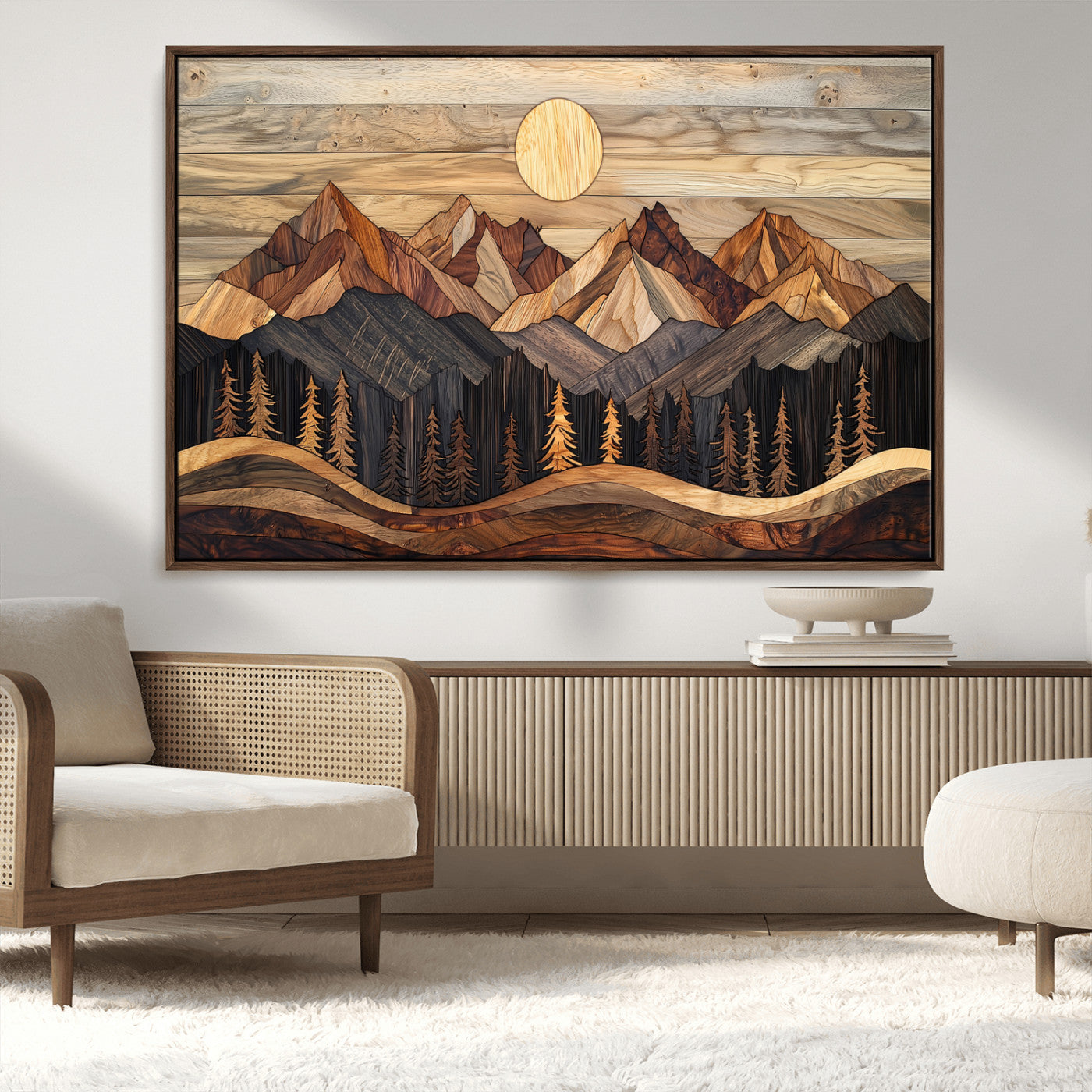 50100230-MGV-CV-36X24-Wooden Mountain Wall Art – Rustic Nature Landscape Canvas Print, Handmade Style Sun, Forest, and Peaks Artwork for Living Room,