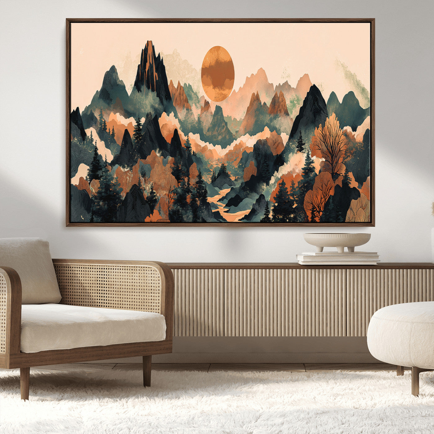 13012770-MGV-FC-36X24_Walnut-Mountain Landscape Wall Art – Modern Nature Canvas Print with Sun, Misty Peaks, and Forest in Orange and Green Tones for Living