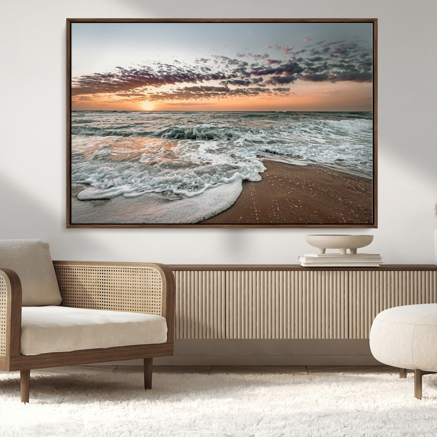 40632752-MGV-FC-36X24_Walnut-Ocean Sunset Wall Art Canvas Print, Framed Beach Waves Art Picture Print, Coastal Scene Perfect Coastal Decor Artwork