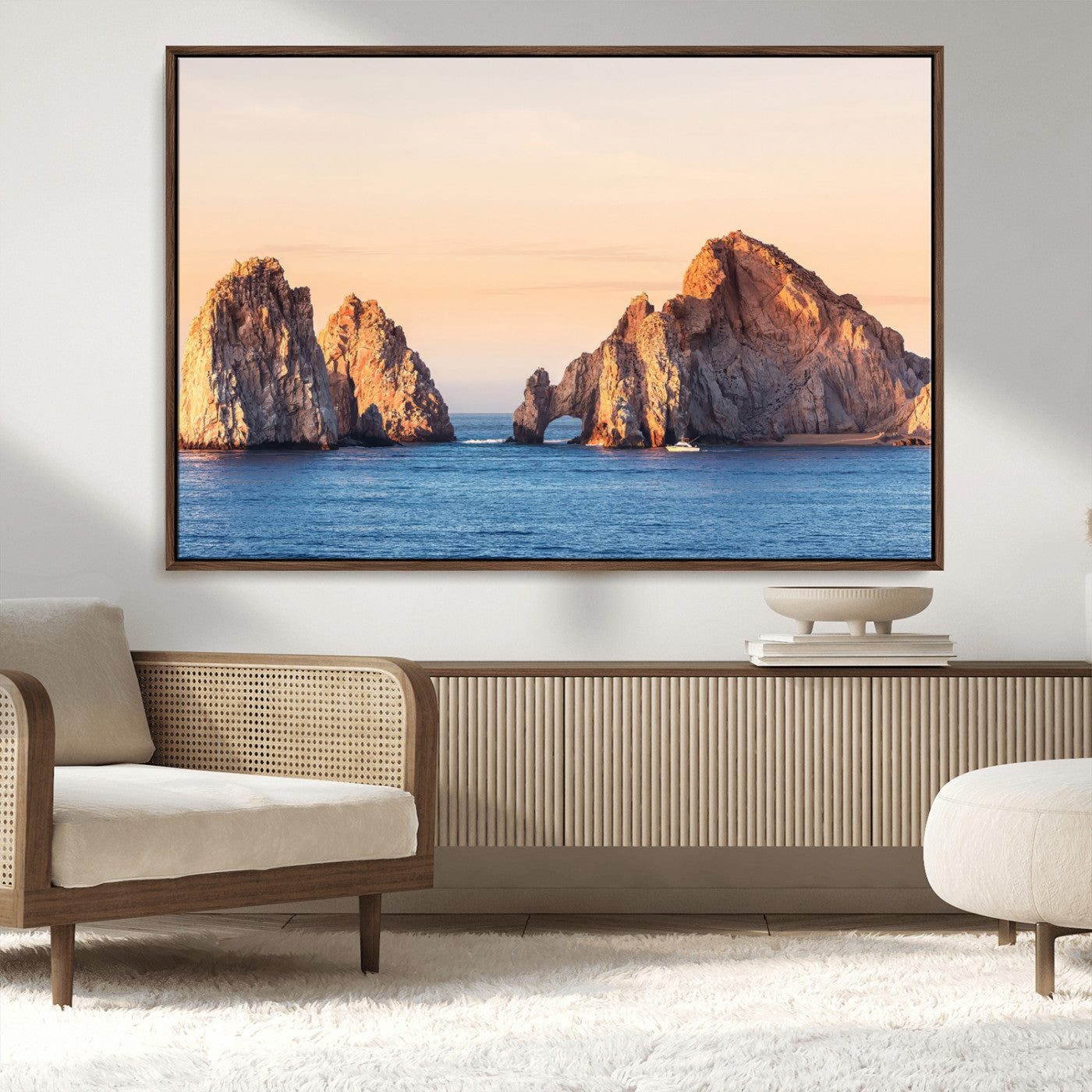 72996116-MGV-FC-36X24_Walnut-El Arco Wall Art Canvas Print, Framed Cabo Rocks Art Picture Print, Ocean Arch Perfect Golden Coastal Landmark Decor Artwork