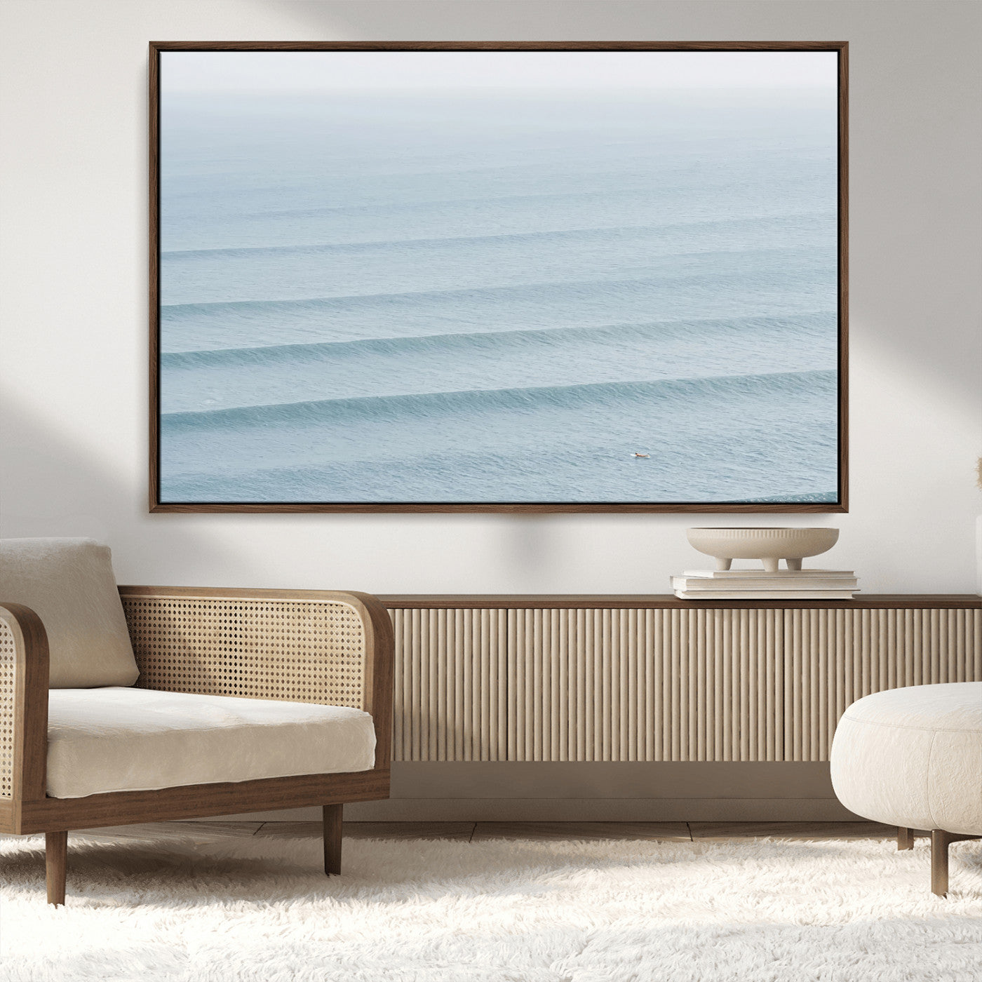 47814787-MGV-CV-36X24-Ocean Waves Wall Art Canvas Print, Framed Solo Surfer Art Picture Print, Wave Lines Perfect Minimalist Ocean Decor Artwork