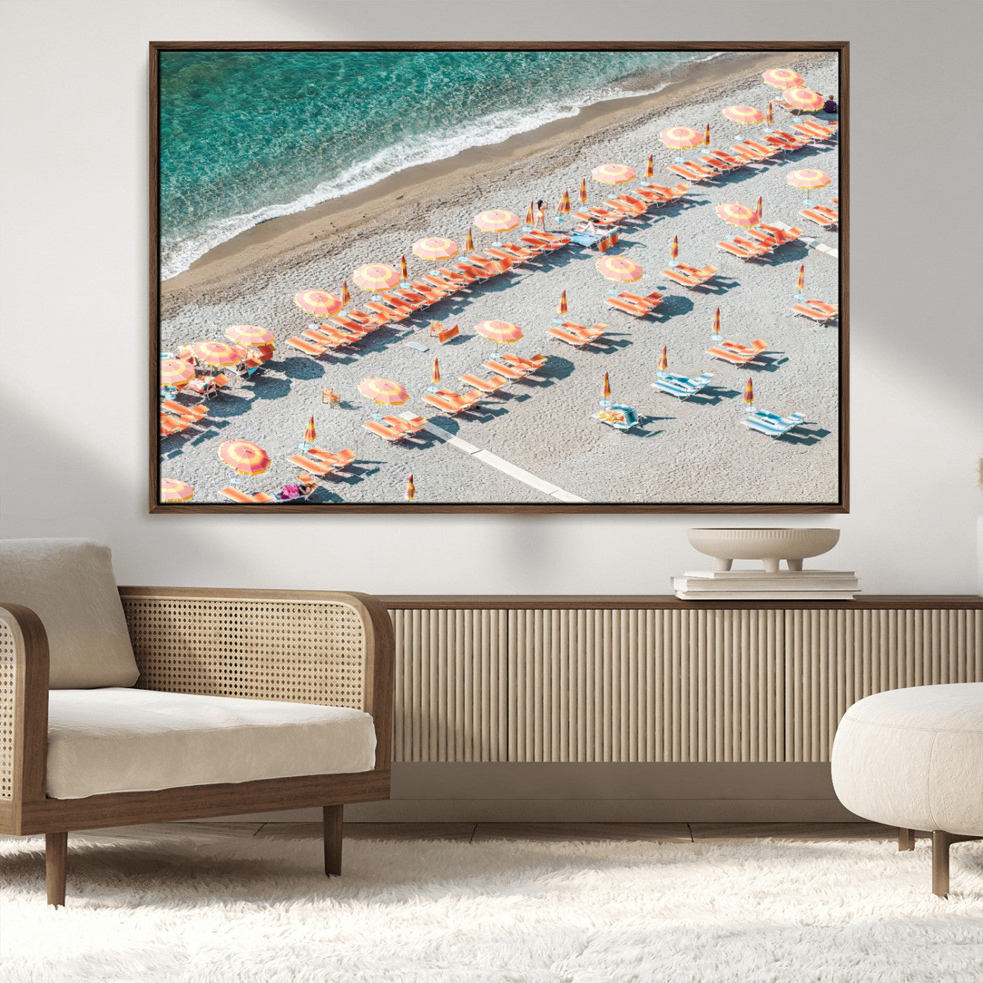 27805351-MGV-CV-36X24-Colorful Umbrellas Wall Art Canvas Print, Framed Sunny Beach Art Picture Print, Beach Lounges Perfect Mediterranean Retro Beach