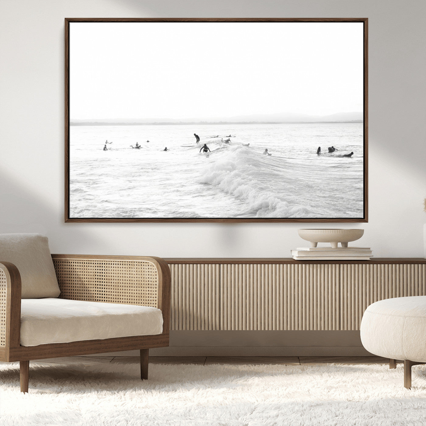 33449548-MGV-CV-36X24-Group Surfers Wall Art Canvas Print, Framed Ocean Wave Art Picture Print, Surf Crowd Perfect Monochrome Surf Decor Artwork
