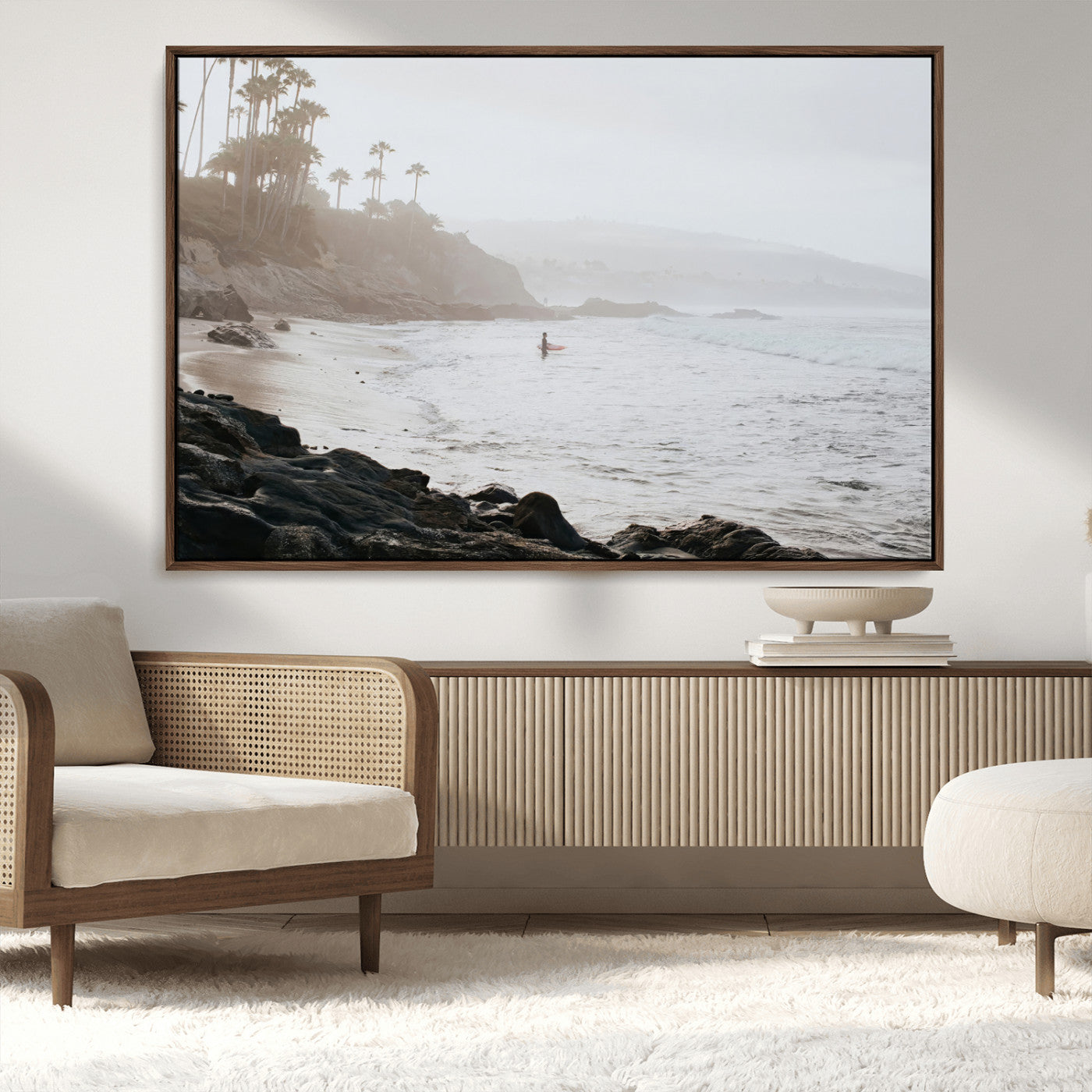 62501405-MGV-CV-36X24-Misty Beach Wall Art Canvas Print, Framed California Surfer Art Picture Print, Coastal Cliff Perfect Coastal Beach Decor Artwork