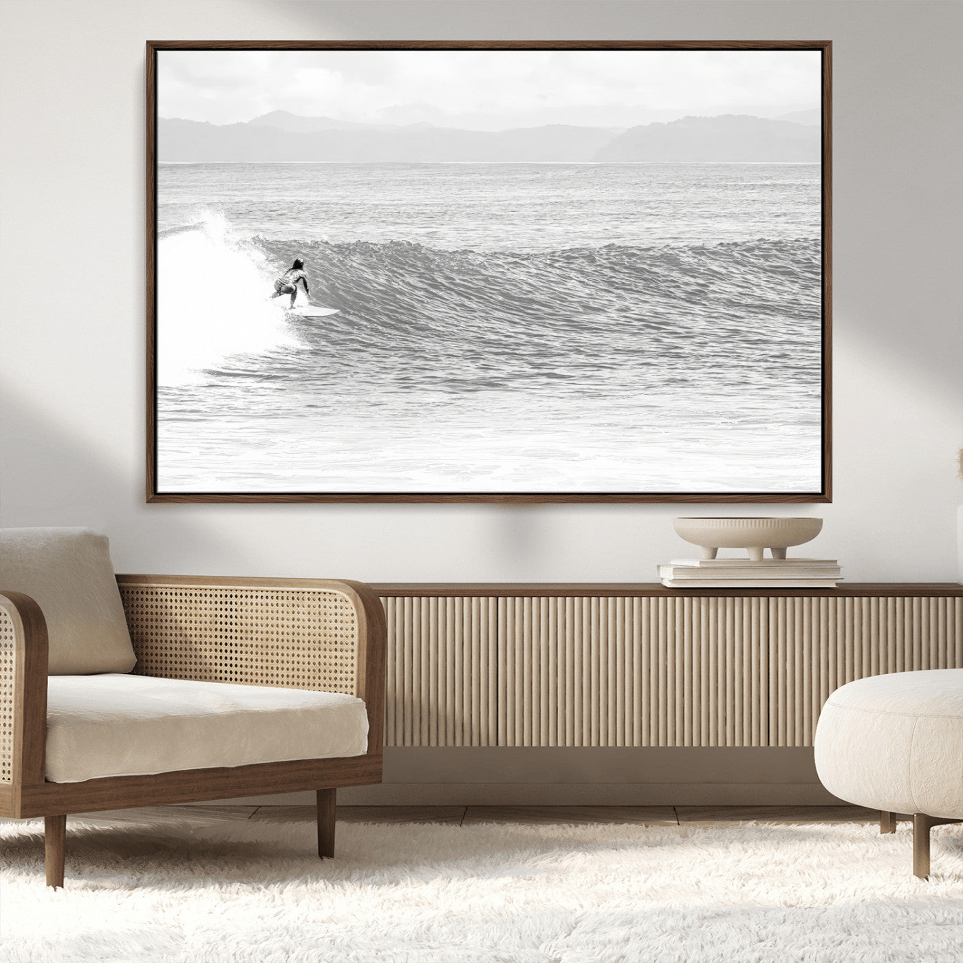 81535128-MGV-CV-36X24-Surfer Woman Wall Art Canvas Print, Framed Black Ocean Art Picture Print, Ocean Surfing Perfect Monochrome Coastal Decor Artwork