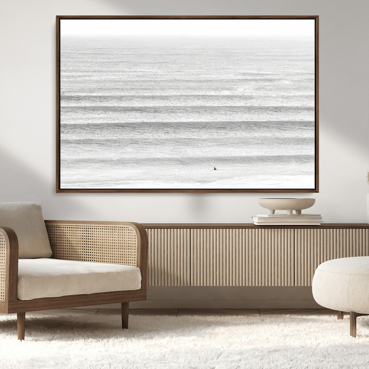 66534476-MGV-FC-36X24_Walnut-Lone Surfer Wall Art Canvas Print, Framed Ocean Waves Art Picture Print, Minimal Sea Perfect Minimal Coastal Decor Artwork