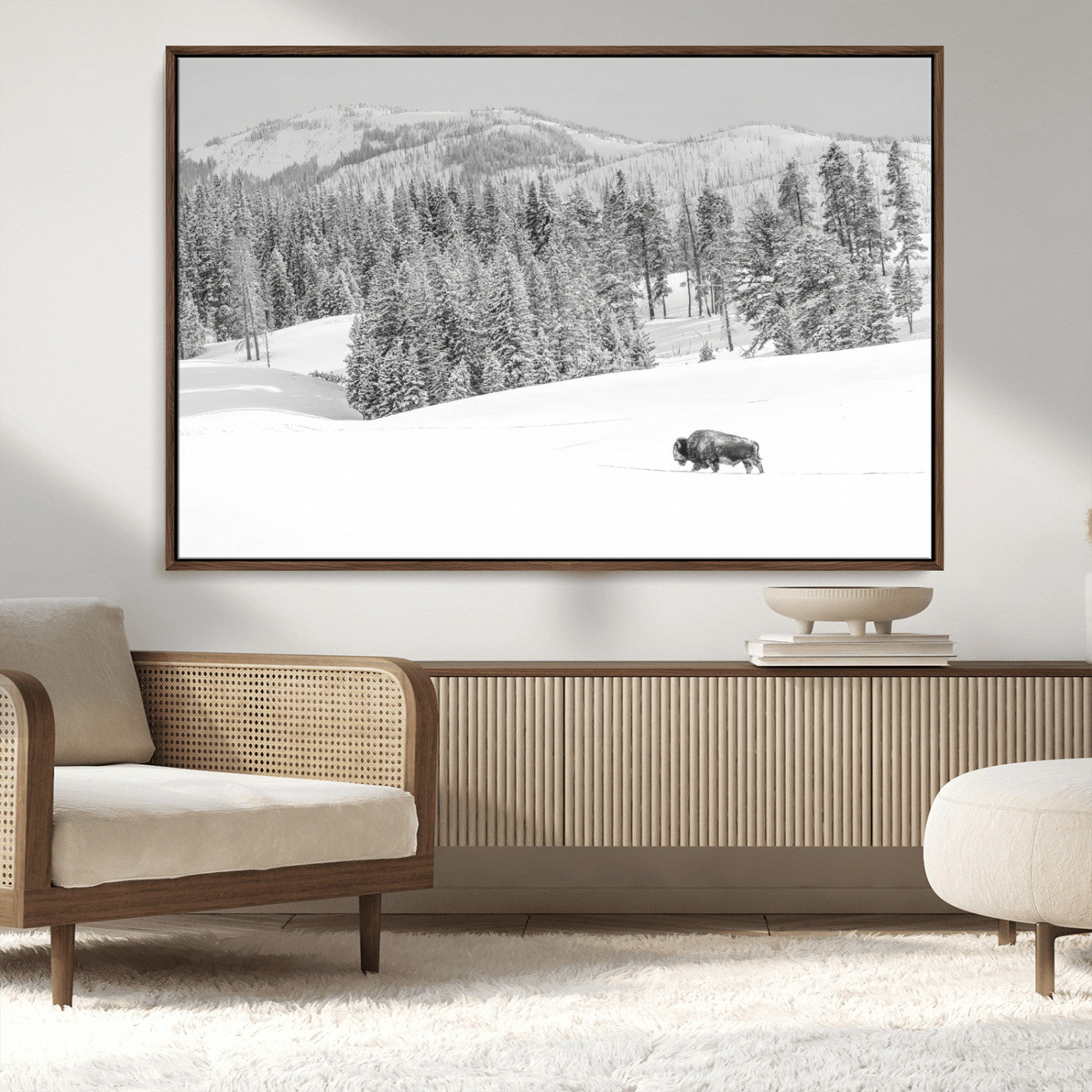 68081143-MGV-FC-36X24_Walnut-Snowy Bison Wall Art Canvas Print, Framed Winter Forest Art Picture Print, Lone Bison Perfect Monochrome Winter Wild Decor Artwork