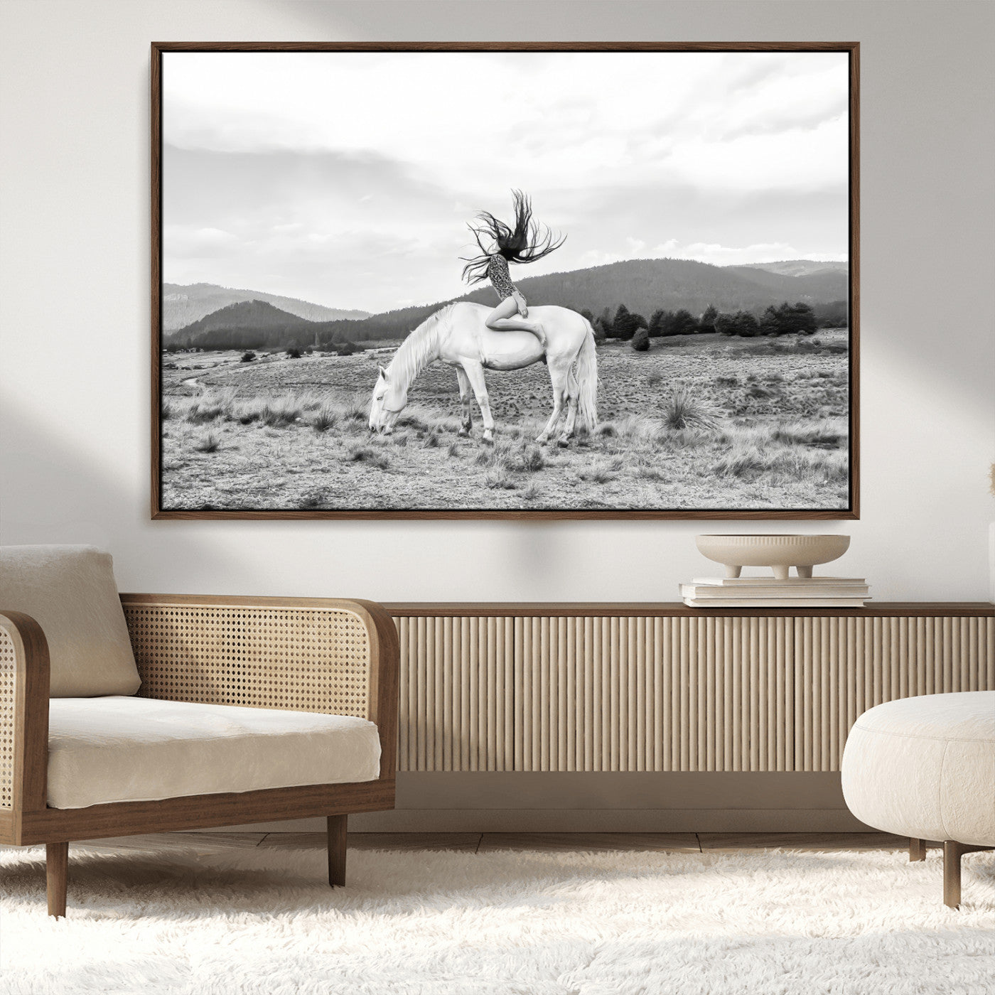 62789800-MGV-CV-36X24-White Horse Wall Art Canvas Print, Framed Woman Rider Art Picture Print, Equestrian Pose Perfect Western Boho Decor Artwork