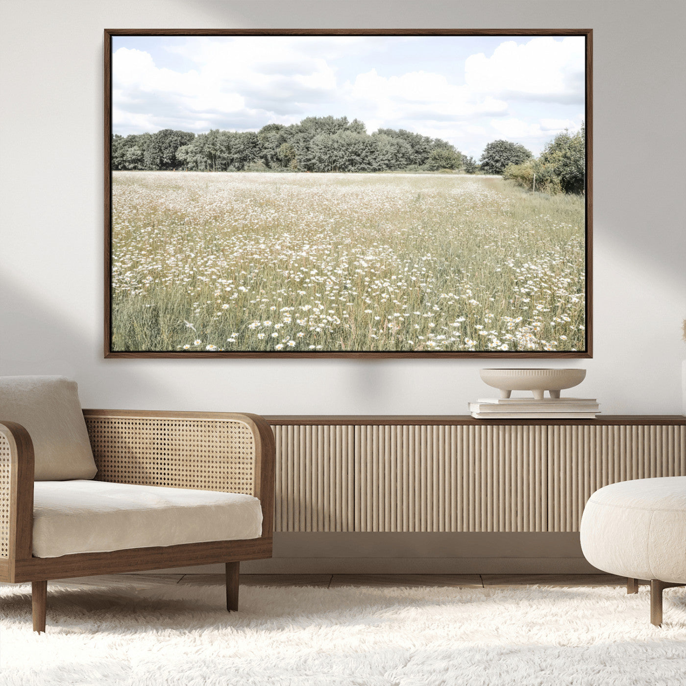 43258946-MGV-CV-36X24-Daisy Field Wall Art Canvas Print, Framed Pastel Flower Art Picture Print, Meadow Bloom Perfect Scandinavian Minimalist Decor