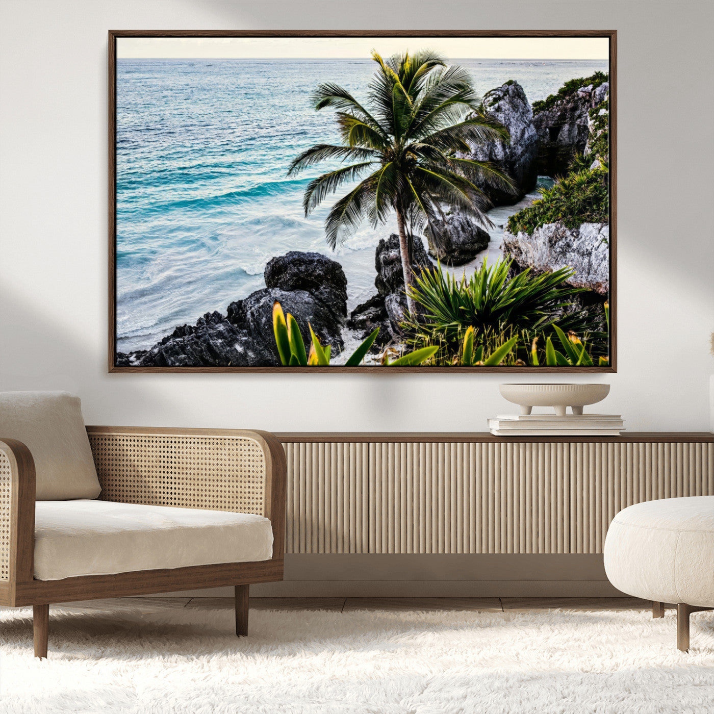 94669907-MGV-CV-36X24-Tropical Coastline Wall Art Canvas Print, Framed Palm Tree Art Picture Print, Rocky Beach Perfect Tropical Coastal Decor Artwork
