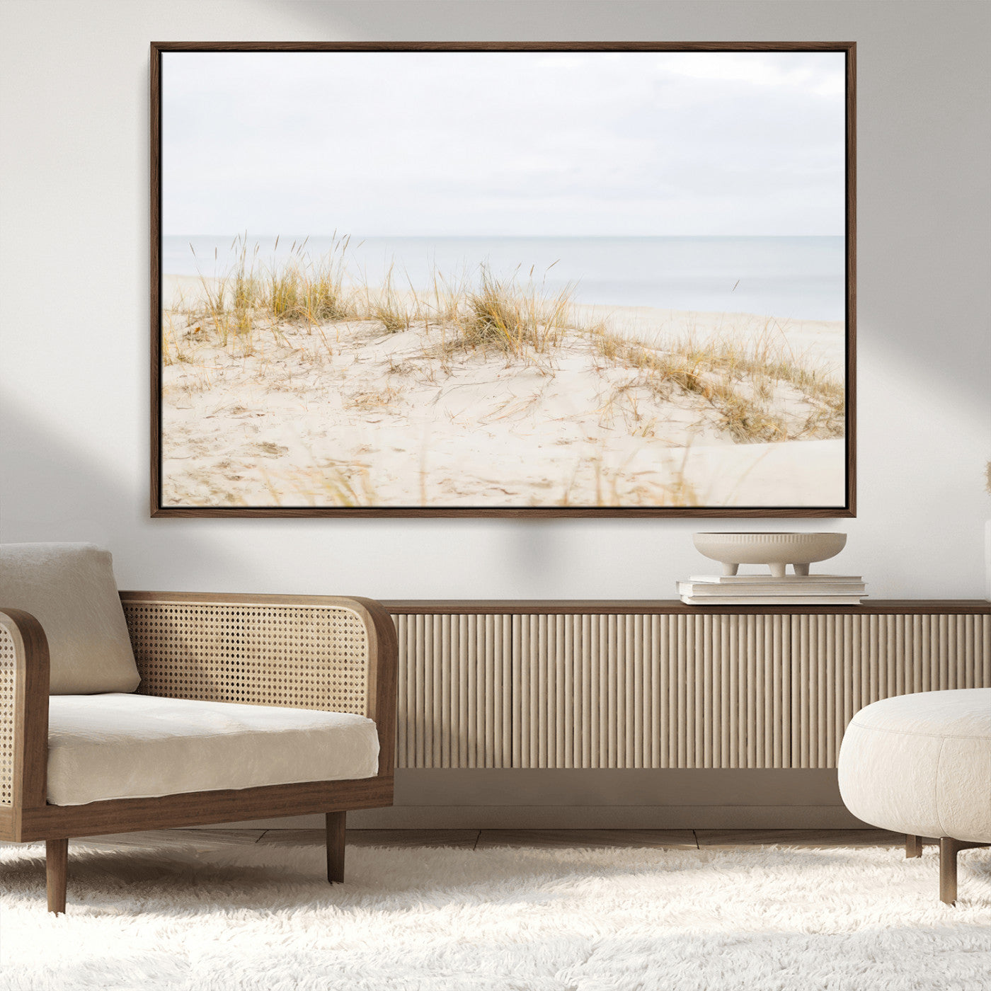 13146857-MGV-FC-36X24_Walnut-Beach Dunes Wall Art Canvas Print, Framed Soft Horizon Art Picture Print, Coastal Grass Perfect Minimalist Coastal Decor Artwork