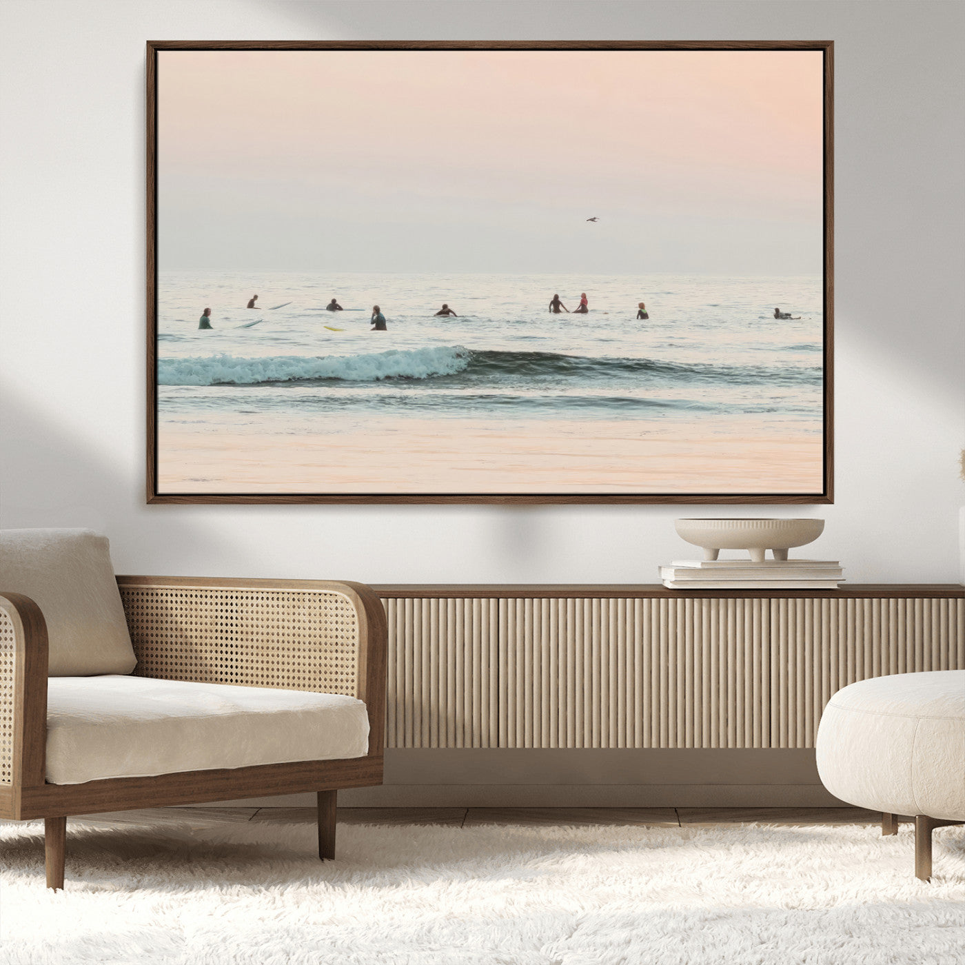 98888919-MGV-CV-36X24-Pastel Ocean Wall Art Canvas Print, Framed Soft Sunset Swimming Art Picture Print, Calm Sea Horizon Perfect Soft Coastal