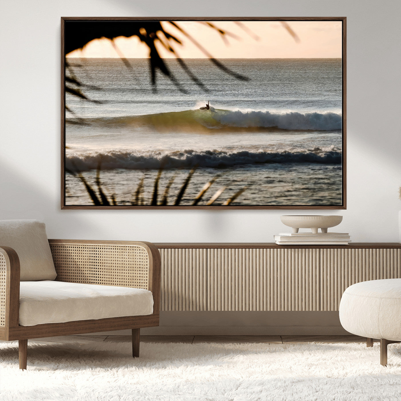 24896468-MGV-FC-36X24_Walnut-Sunset Surf Wall Art Canvas Print, Framed Golden Waves Art Picture Print, Tropical Ocean Perfect Tropical Boho Decor Artwork