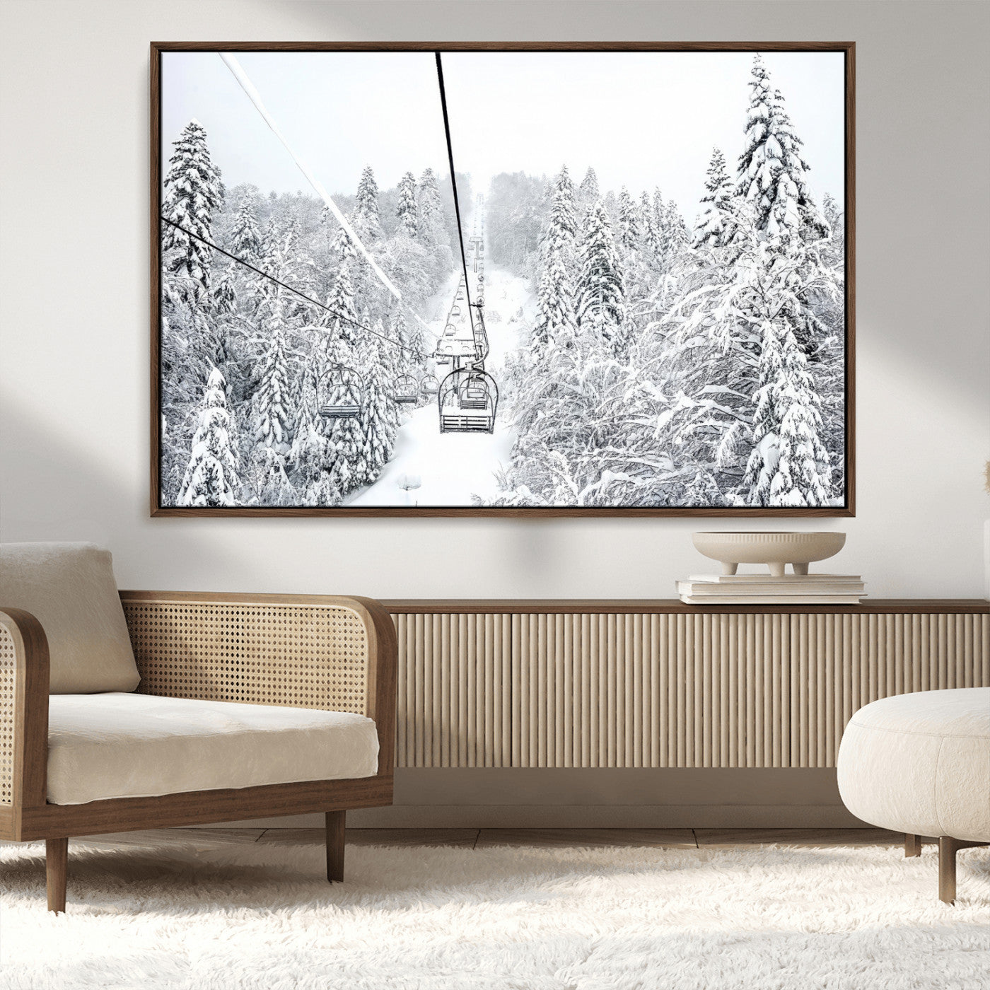 44705668-MGV-CV-36X24-Winter Forest Wall Art Canvas Print, Framed Snowy Forest Art Picture Print, Ski Lift Perfect Scandinavian Decor Artwork