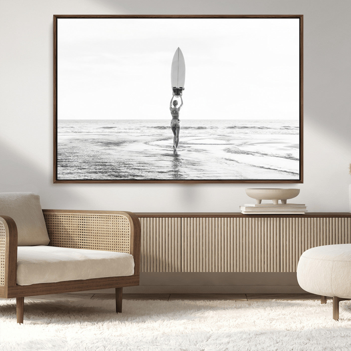 98446901-MGV-CV-36X24-Monochrome Surf Wall Art Canvas Print, Framed Minimalist Surfer Art Picture Print, Surfboard Silhouette Perfect Coastal Minimalist