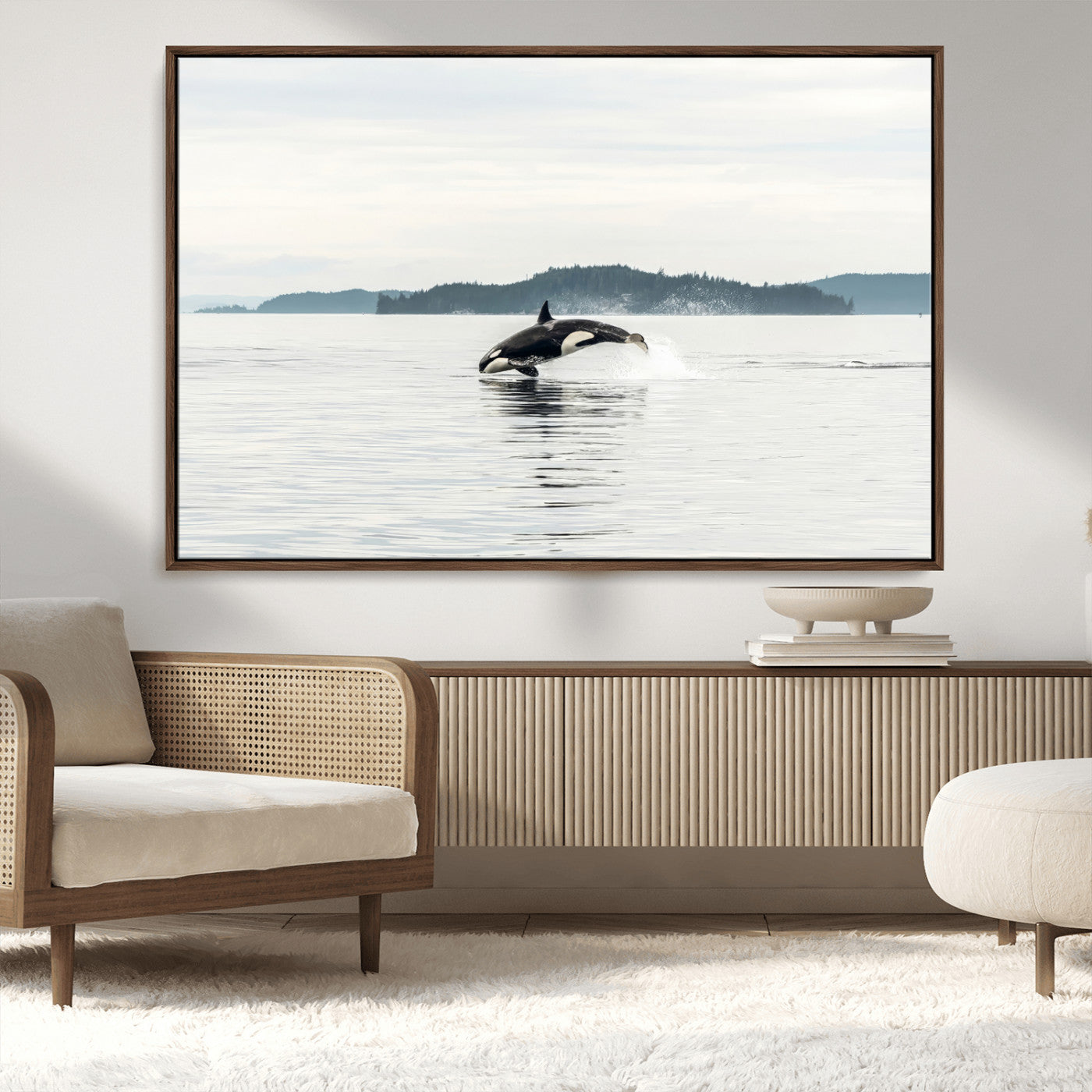 10157174-MGV-CV-36X24-Orca Whale Wall Art Canvas Print, Framed Black White Whale Art Picture Print, Minimalist Ocean Perfect Coastal Minimalist Decor