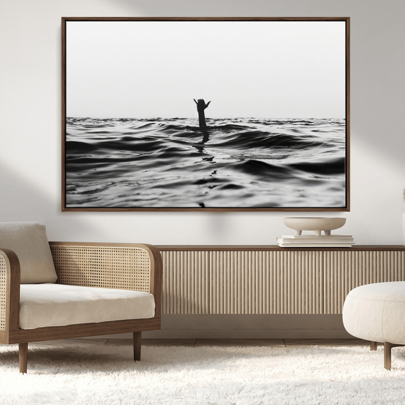 69541918-MGV-CV-36X24-Black White Ocean Wall Art Canvas Print, Framed Moody Seascape Art Picture Print, Surfer Sign Perfect Moody Minimalist Decor