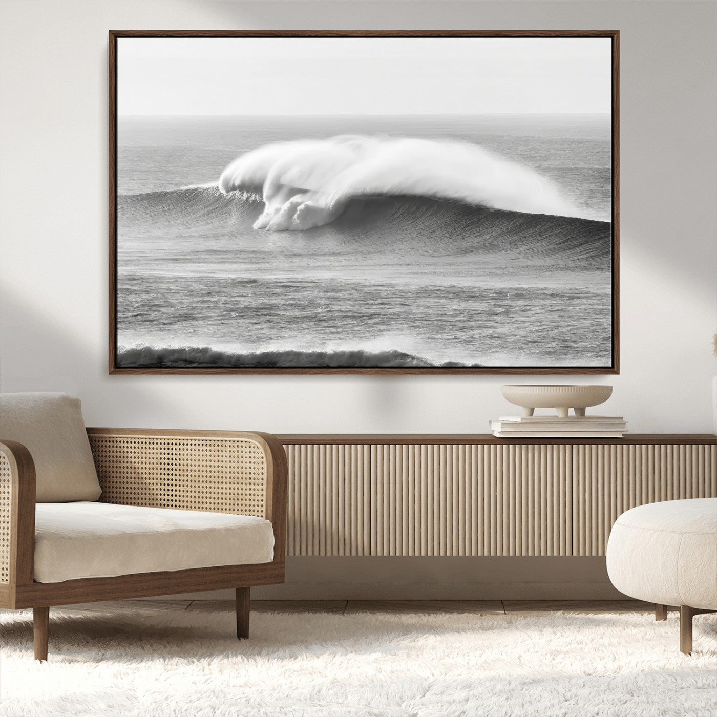 42544082-MGV-FC-36X24_Walnut-Monochrome Seascape Wall Art Canvas Print, Framed Surf Wave Art Picture Print, Minimalist Ocean Perfect Moody Coastal Decor