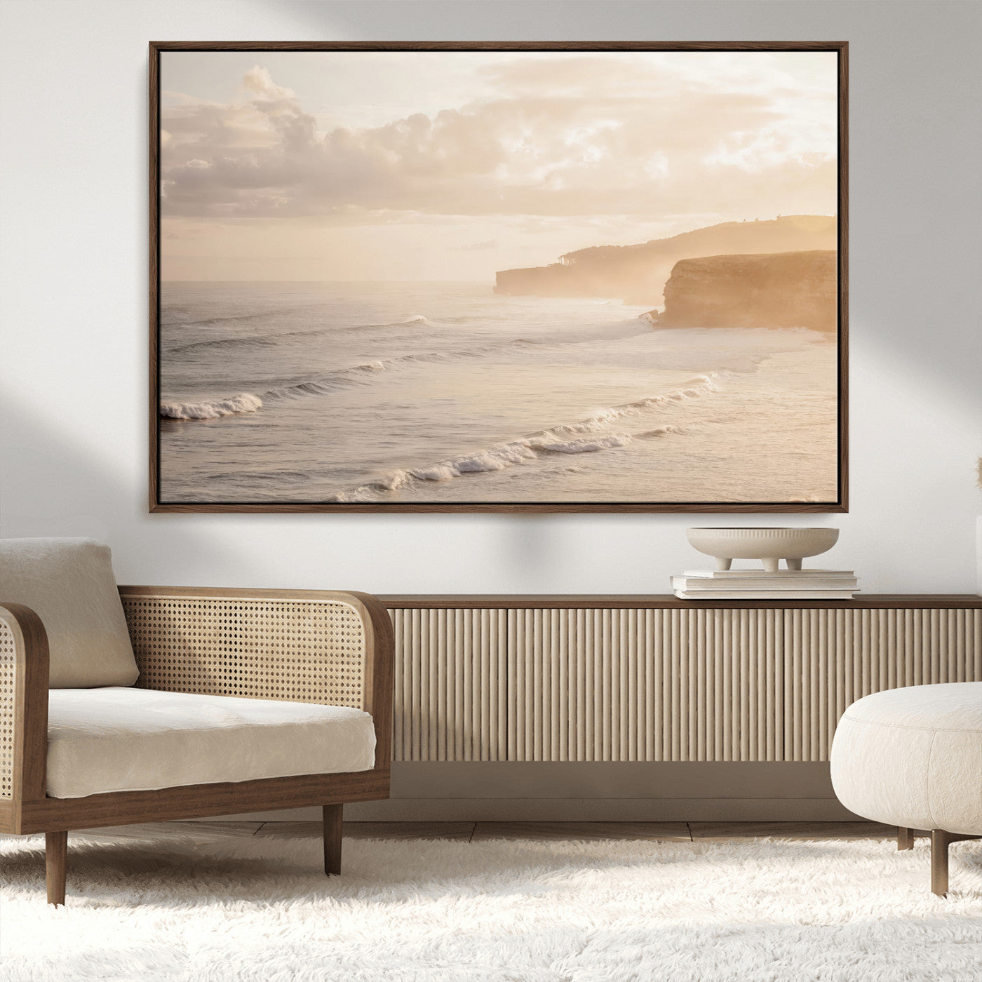 57669769-MGV-CV-36X24-Misty Coastal Wall Art Canvas Print, Framed Golden Sunset Art Picture Print, Serene Shoreline Perfect Tranquil Coastal Decor