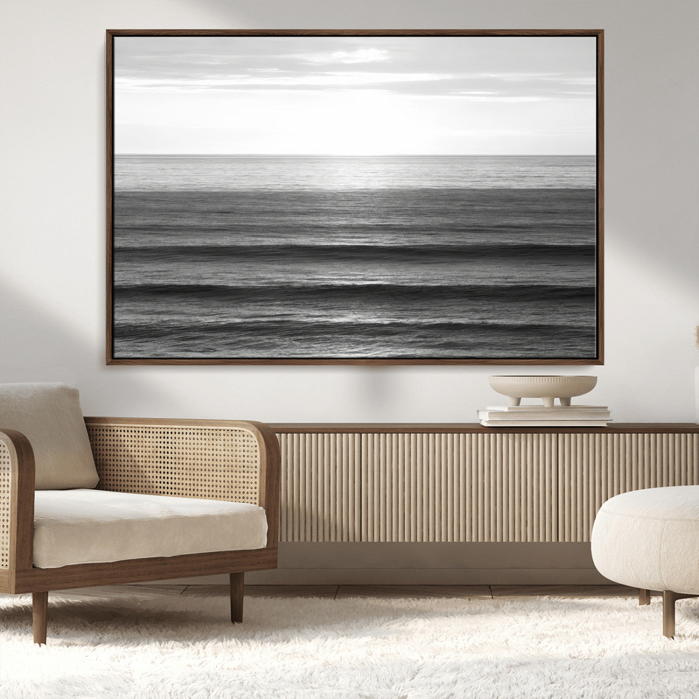 47305203-MGV-CV-36X24-Monochrome Ocean Wall Art Canvas Print, Framed Moody Ocean Art Picture Print, Calm Ocean Perfect Minimalist Coastal Decor Artwork