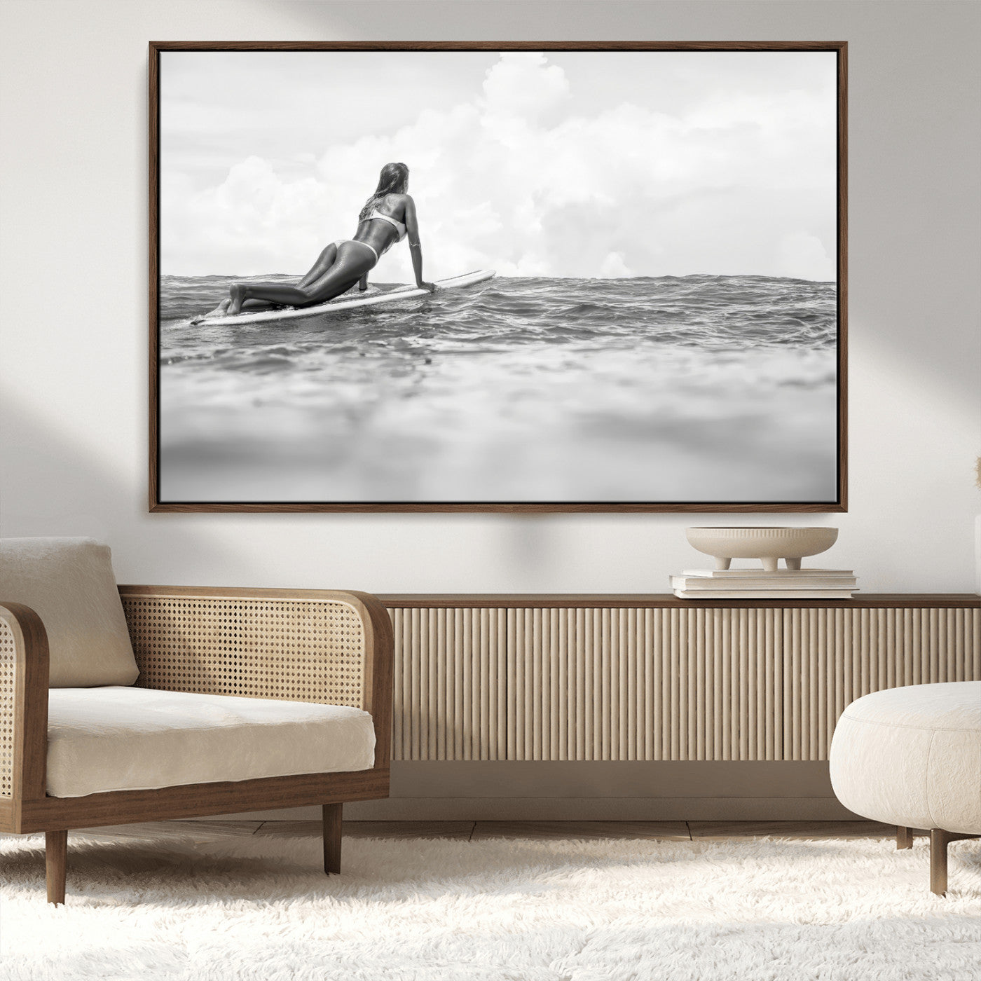 69798068-MGV-CV-36X24-Black White Surfing Wall Art Canvas Print, Framed Ocean Horizon Art Picture Print, Surfer Girl Perfect Coastal Adventure Decor
