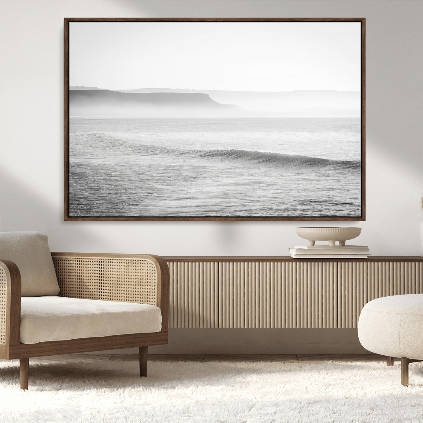 60635783-MGV-CV-36X24-Black White Seascape Wall Art Canvas Print, Framed Ocean Waves Art Picture Print, Misty Coastal Perfect Minimalist Coastal Decor