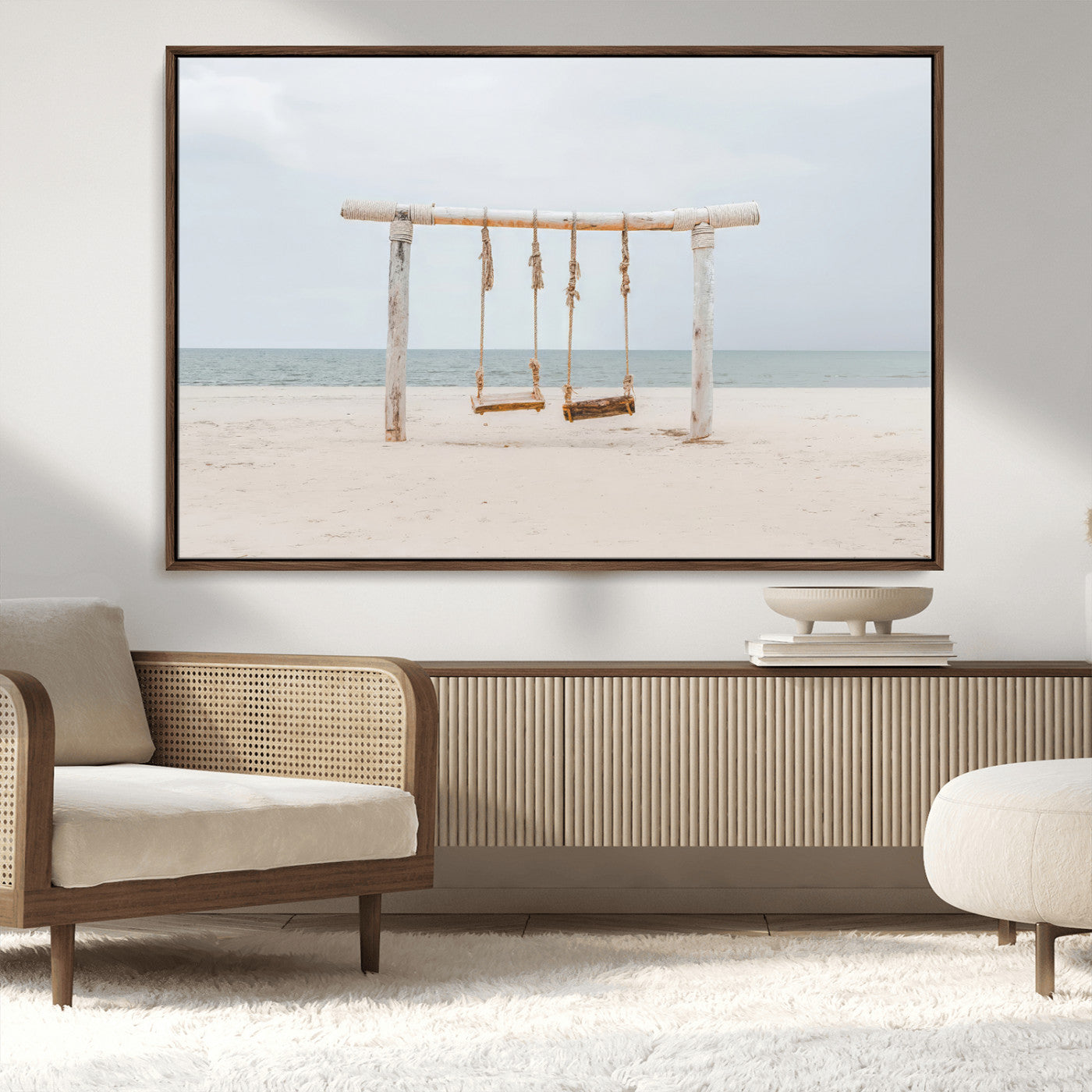 68327283-MGV-CV-36X24-Beach Swing Wall Art Canvas Print, Framed Quiet Beach Art Picture Print, Calm Shoreline Perfect Bohemian Coastal Decor Artwork