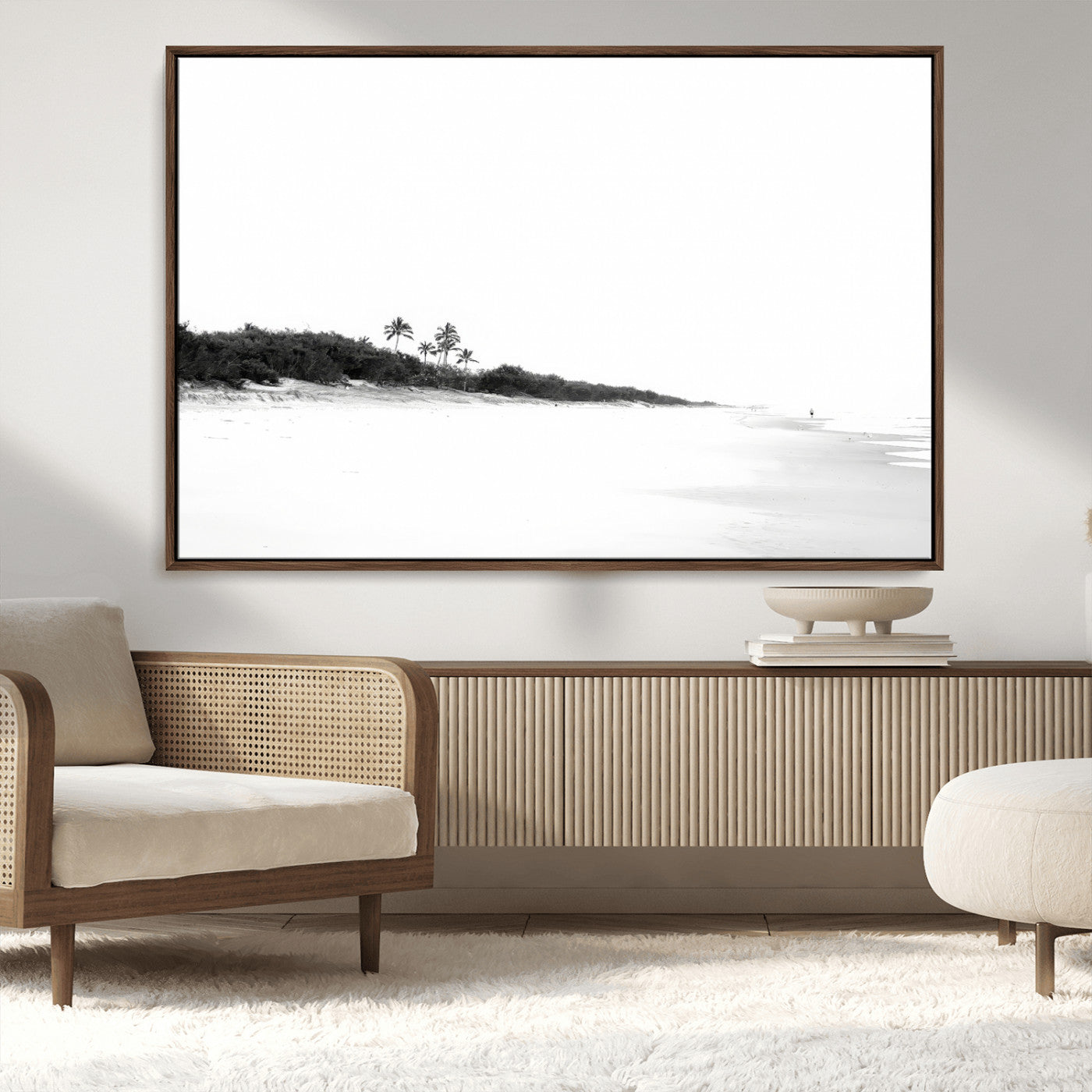 29611516-MGV-CV-36X24-Black White Beach Wall Art Canvas Print, Framed Palm Trees Art Picture Print, Monochrome Tropical Perfect Minimalist Coastal Decor